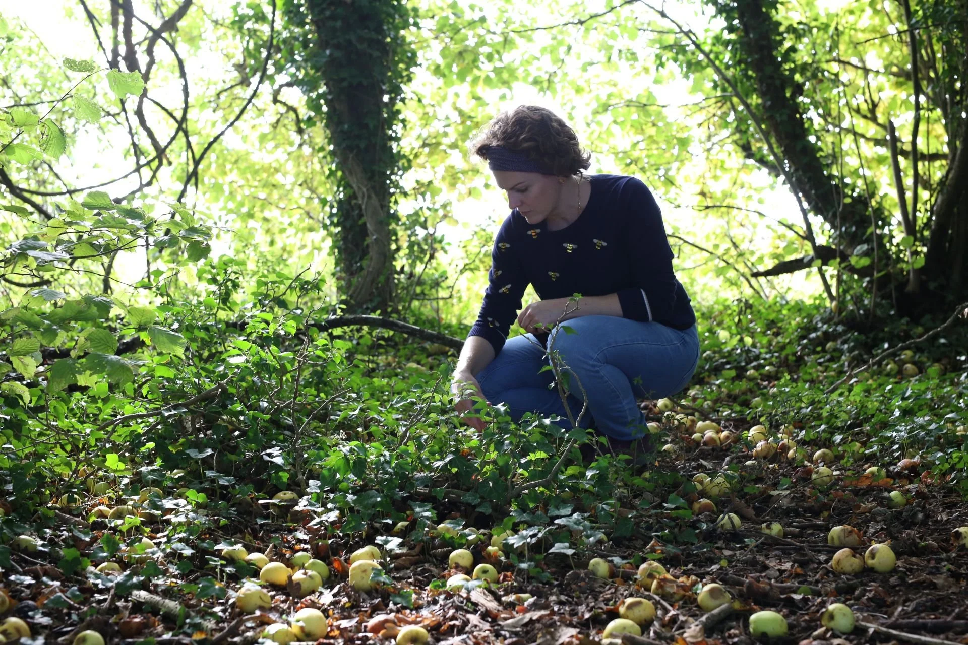 Emily Monsell-Holden, a woman foraging for windfall apples in a woodland