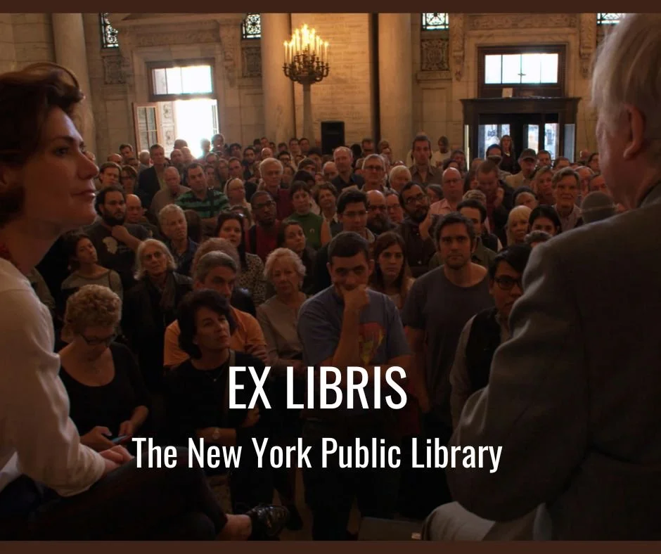 Large crowd gathered inside a library, two speakers facing the audience, "Ex Libris: The New York Public Library" text overlay.