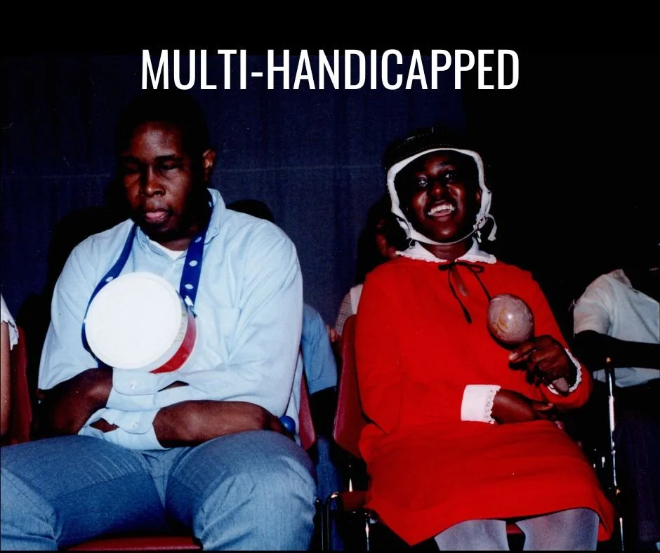 Two seated individuals holding musical instruments, with the text "MULTI-HANDICAPPED" above them.