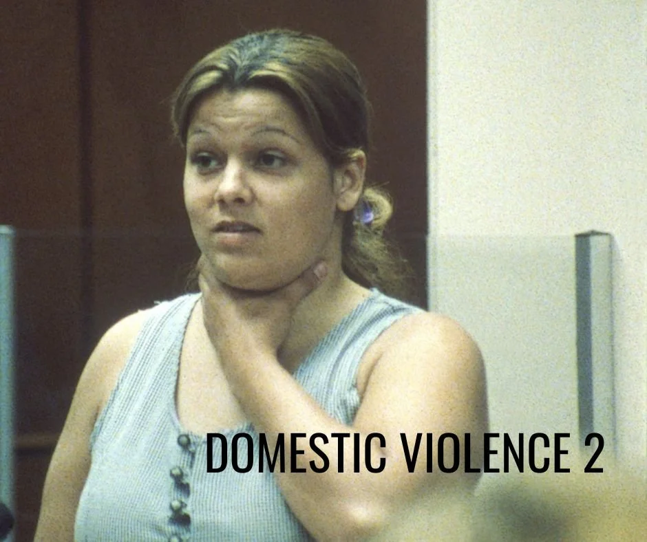 A woman touching her neck, with the words "Domestic Violence 2" in text overlay.