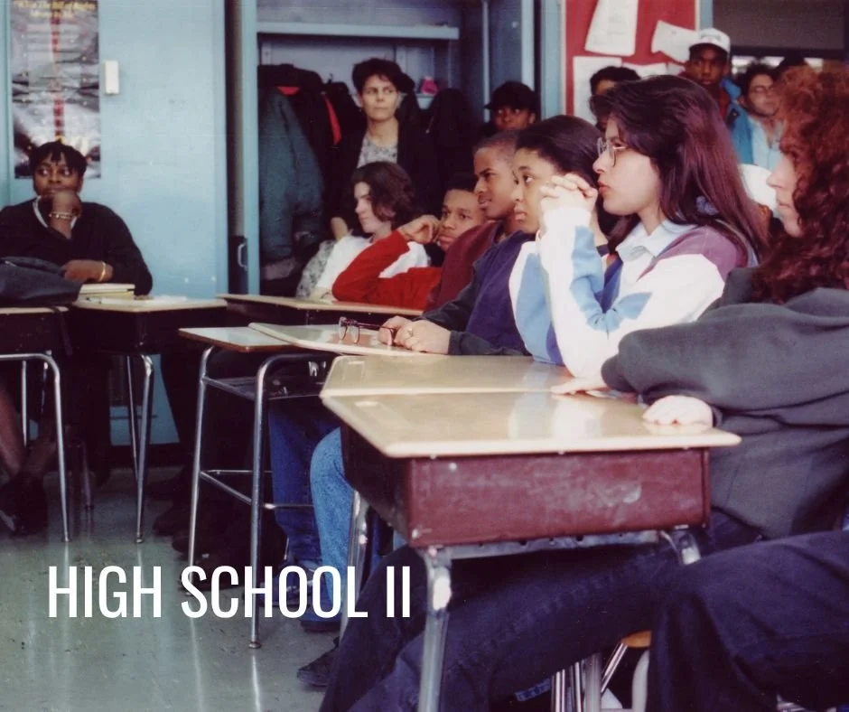 Classroom with students seated at desks, diverse group, attentive expressions, caption "High School II."