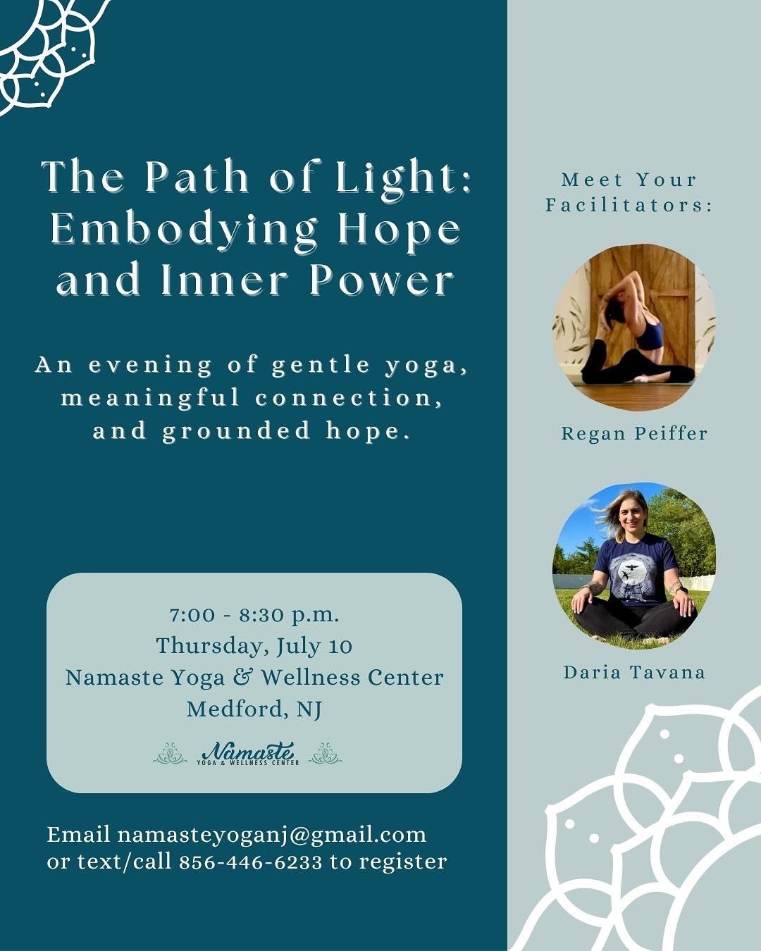 We are BEYOND excited to be offering this event!!! You don&rsquo;t want to miss this inspirational and empowering evening! Register soon by emailing namasteyoganj@gmail.com or call/text 856-446-6233