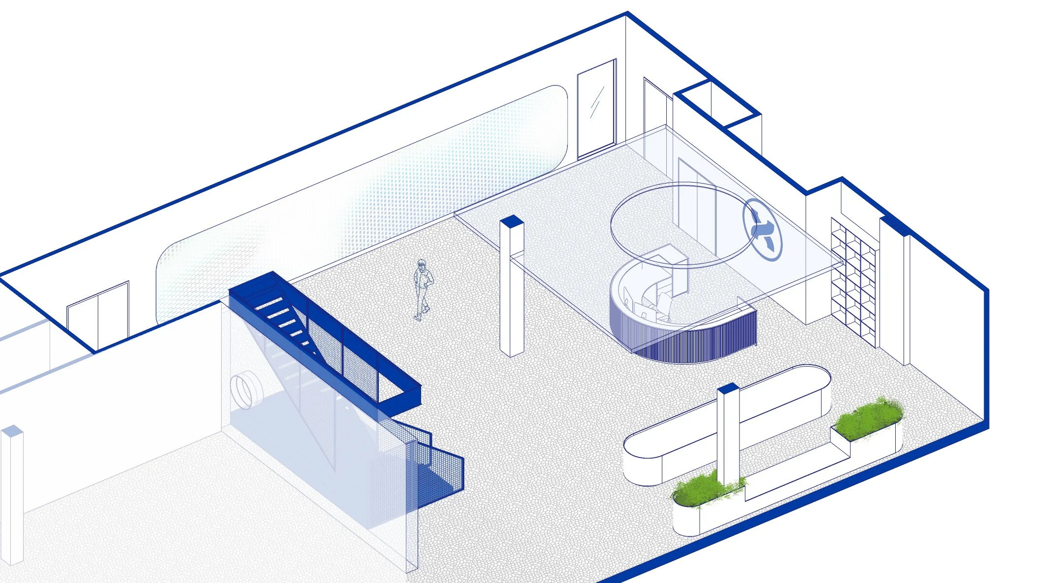 Plan 3d de l'accueil pour Thetatrixx technologies par inscape le studio