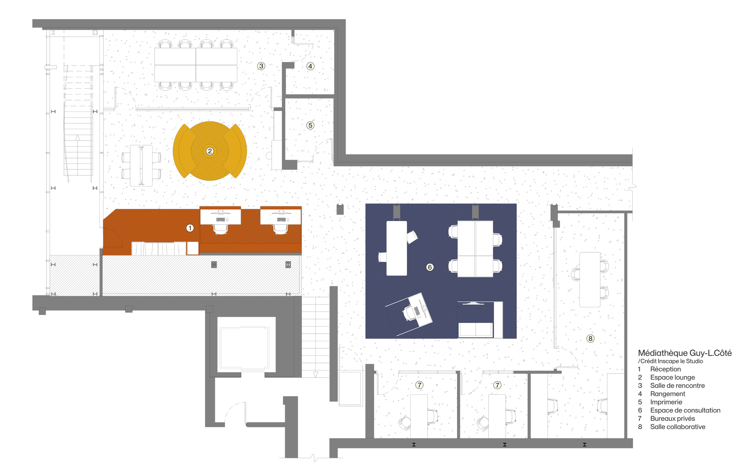 Plan d'aménagement de la médiathèque à la cinémathèque québécoise par inscape le studio