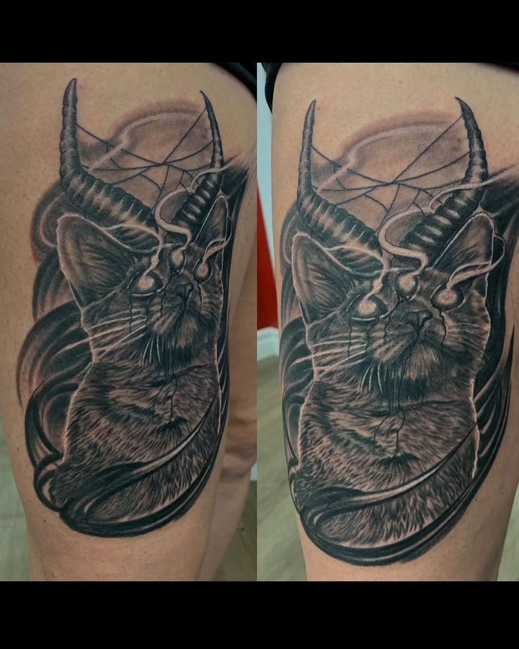 Black and grey custom demon cat. Quite enjoyed doing this piece. Looking forward to more like this. @tributestudiosgoderich