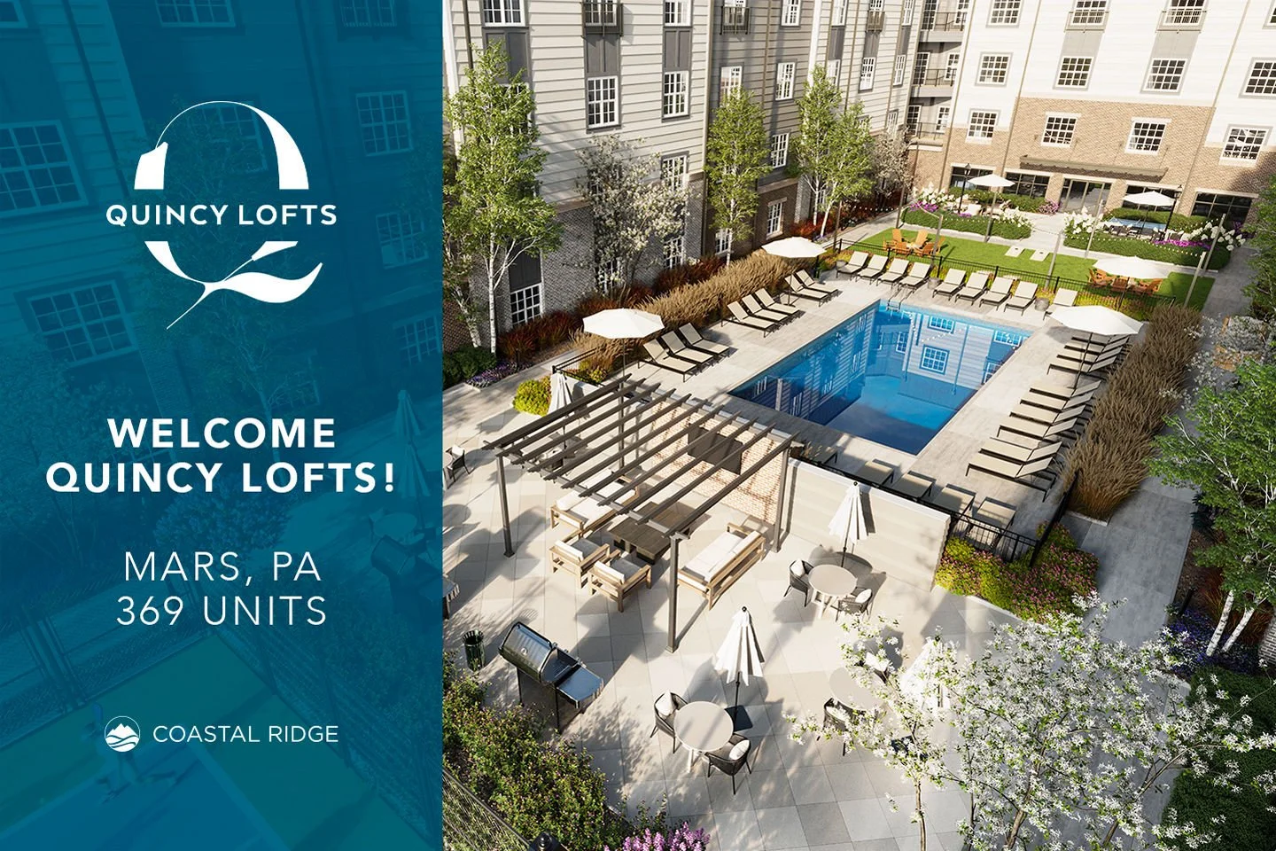 We&rsquo;re excited to announce that Quincy Lofts is joining the Coastal Ridge portfolio of managed assets &mdash; a brand-new, 369-unit community coming to Mars, PA in 2026.

Offering thoughtfully designed 1-, 2-, and 3-bedroom apartment homes, Quin