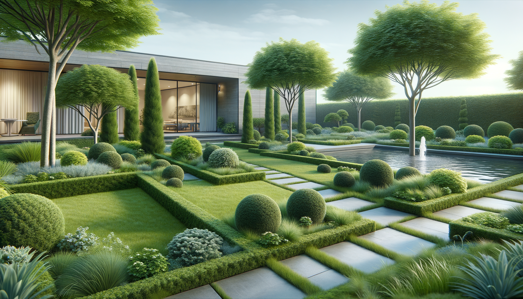 Modern backyard garden with neatly trimmed hedges, round bushes, tall slender trees, and a rectangular water feature with a fountain, adjacent to a contemporary house with large glass windows.