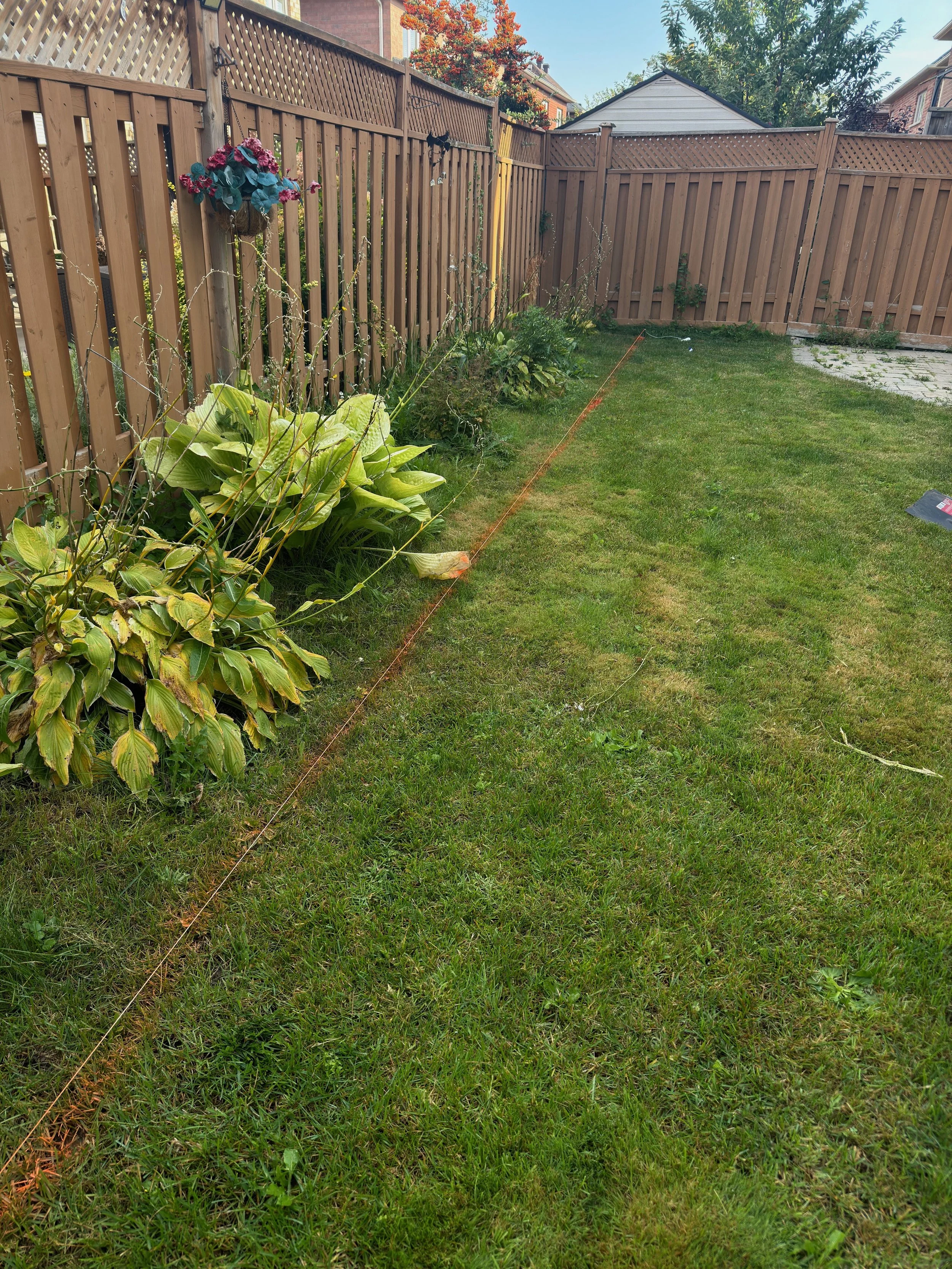 A backyard with a wooden fence, green lawn, and flower bed along the fence line. There is an orange string stretched across the yard, possibly for marking or gardening purposes.