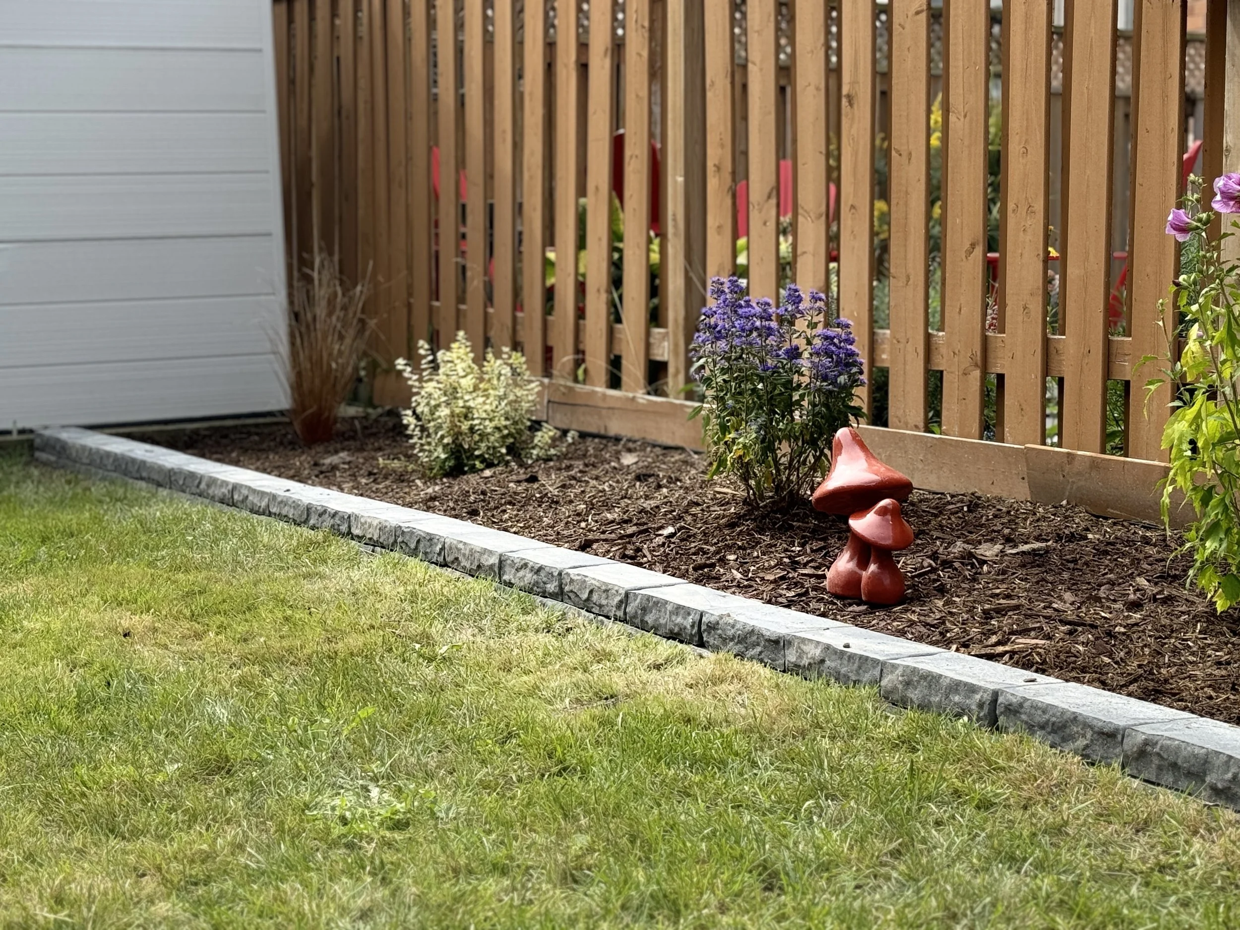 Garden bed with mulch, purple and white flowers, a red sculpture resembling mushrooms, bordered by a stone edge, next to a wooden fence and a white shed wall.