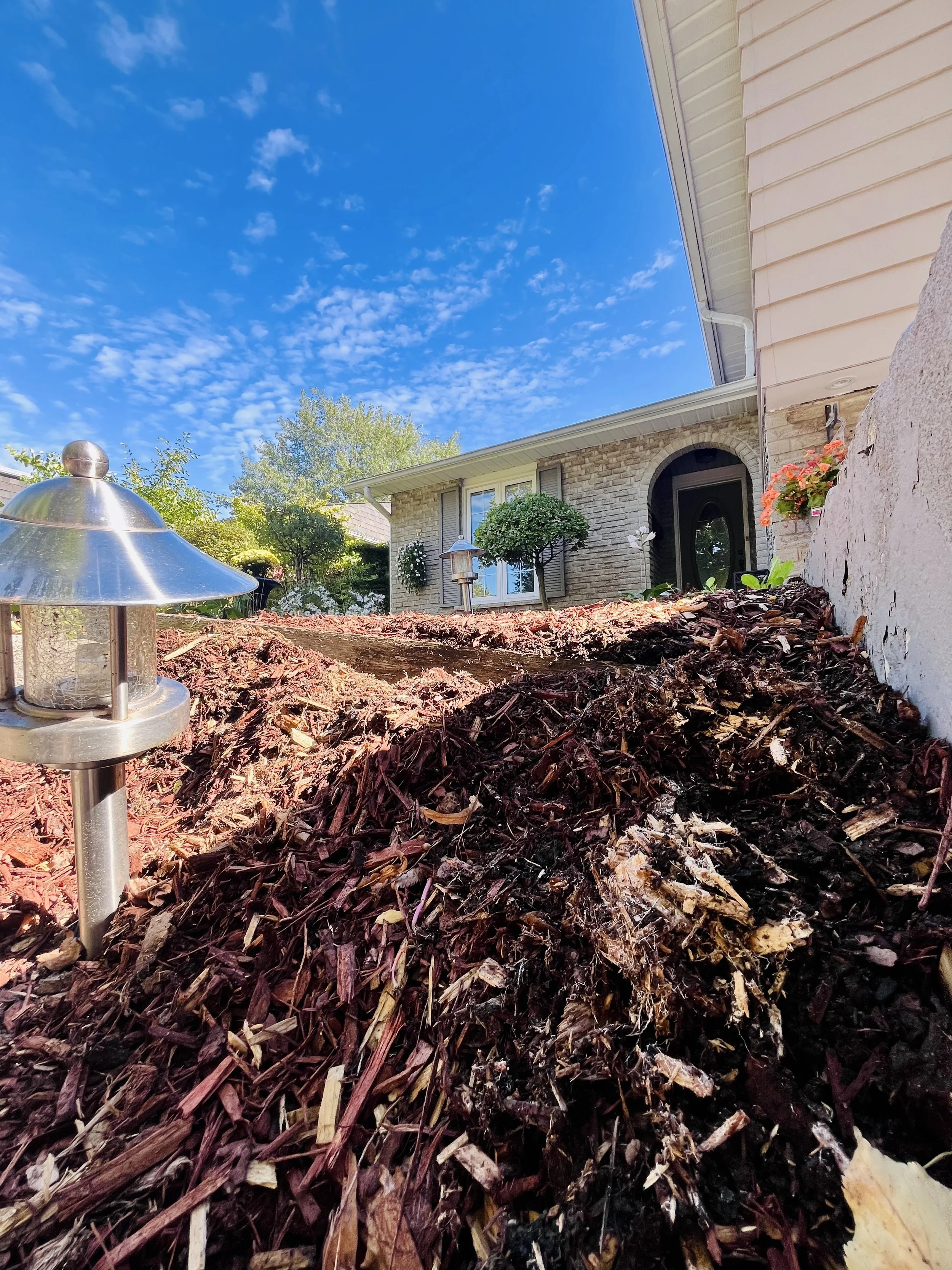 A garden bed with mulch and a decorative solar-powered garden light in front of a house with stone and siding exterior, surrounded by plants and flowers, under a blue sky with scattered clouds.