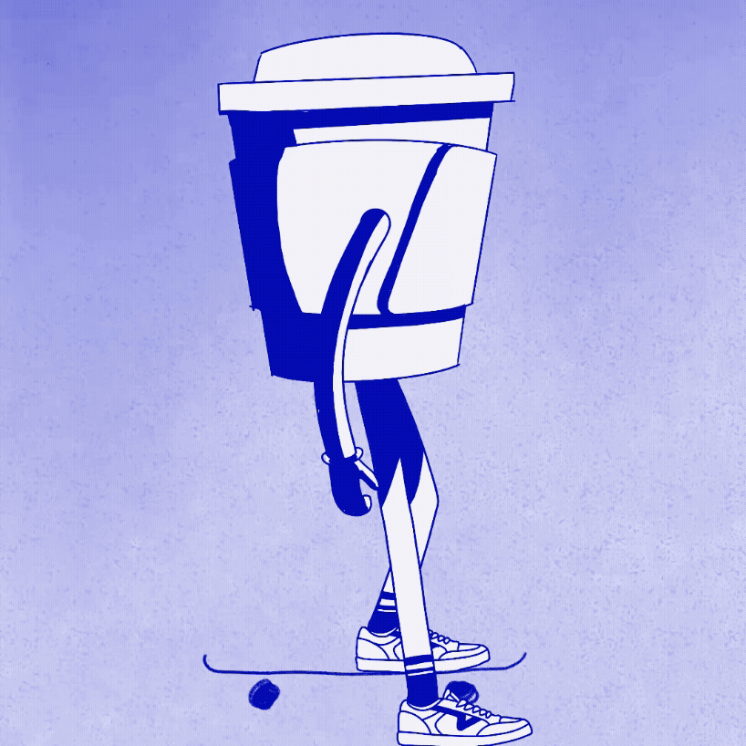 A cartoon character with a coffee cup for a head, wearing sneakers and standing on a skateboard.