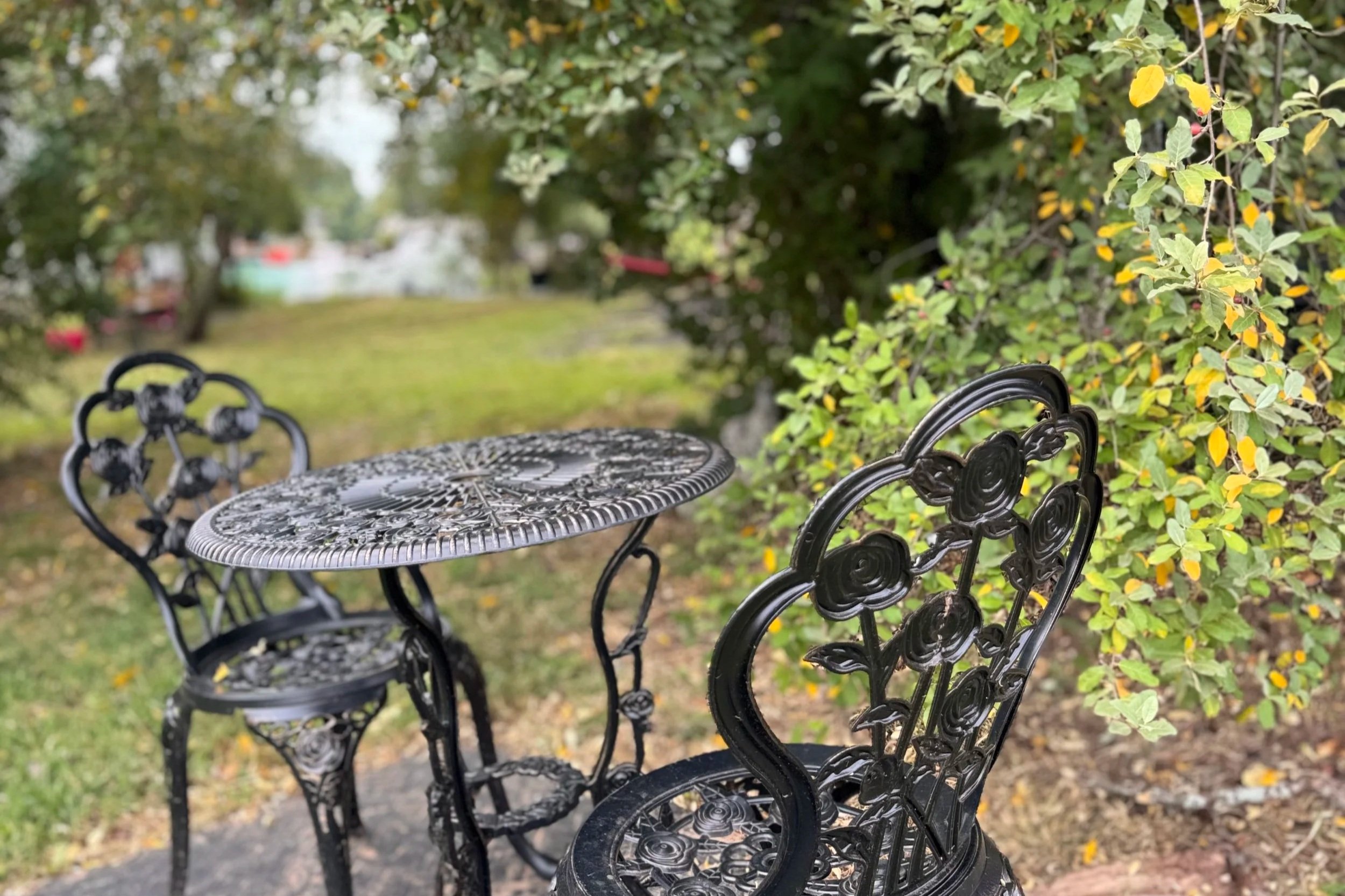 Relaxing wrought iron patio table with two chairs to sit and watch the horses under the trees