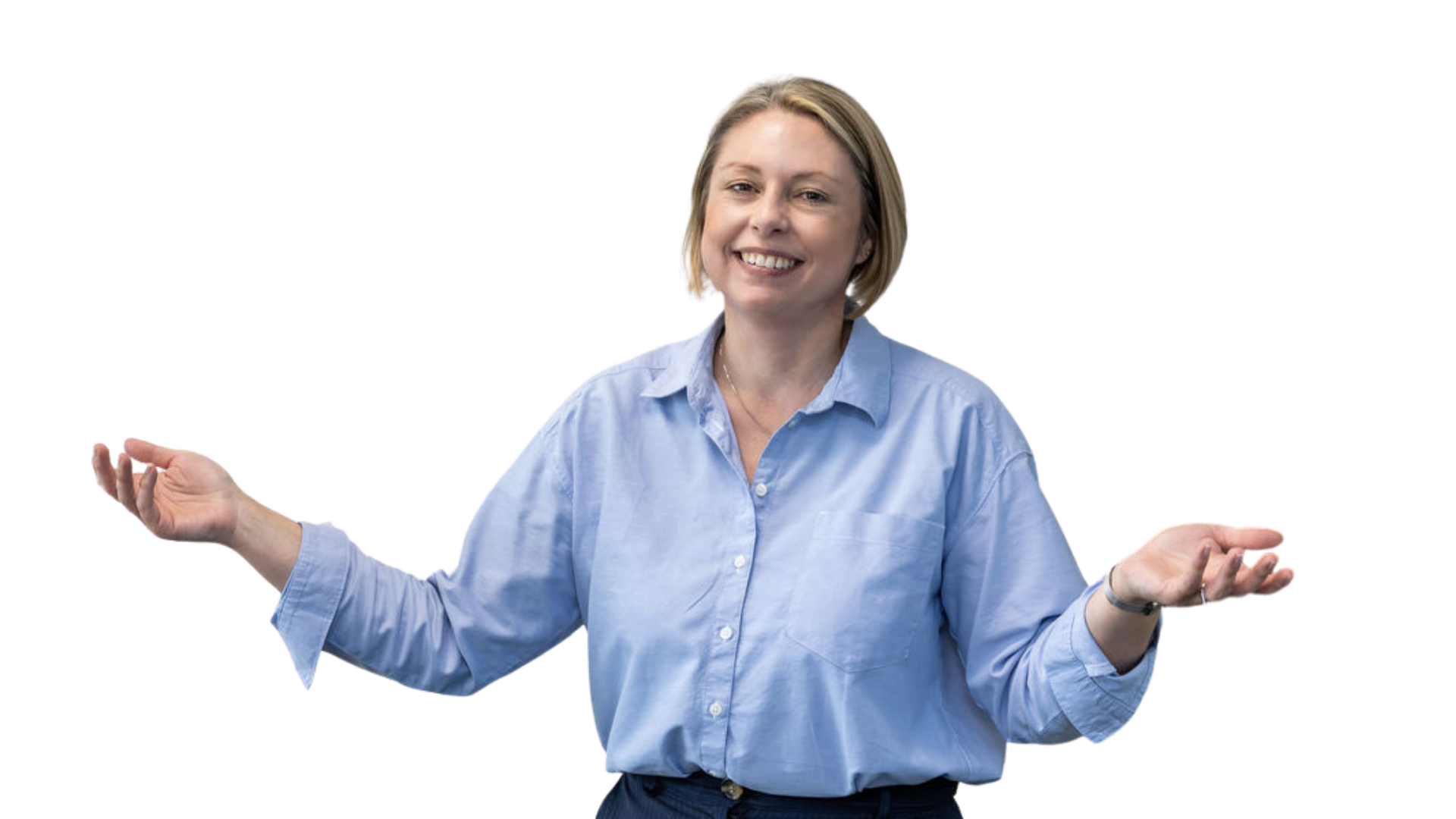 Jane Feilden smiling, arms outstretched.