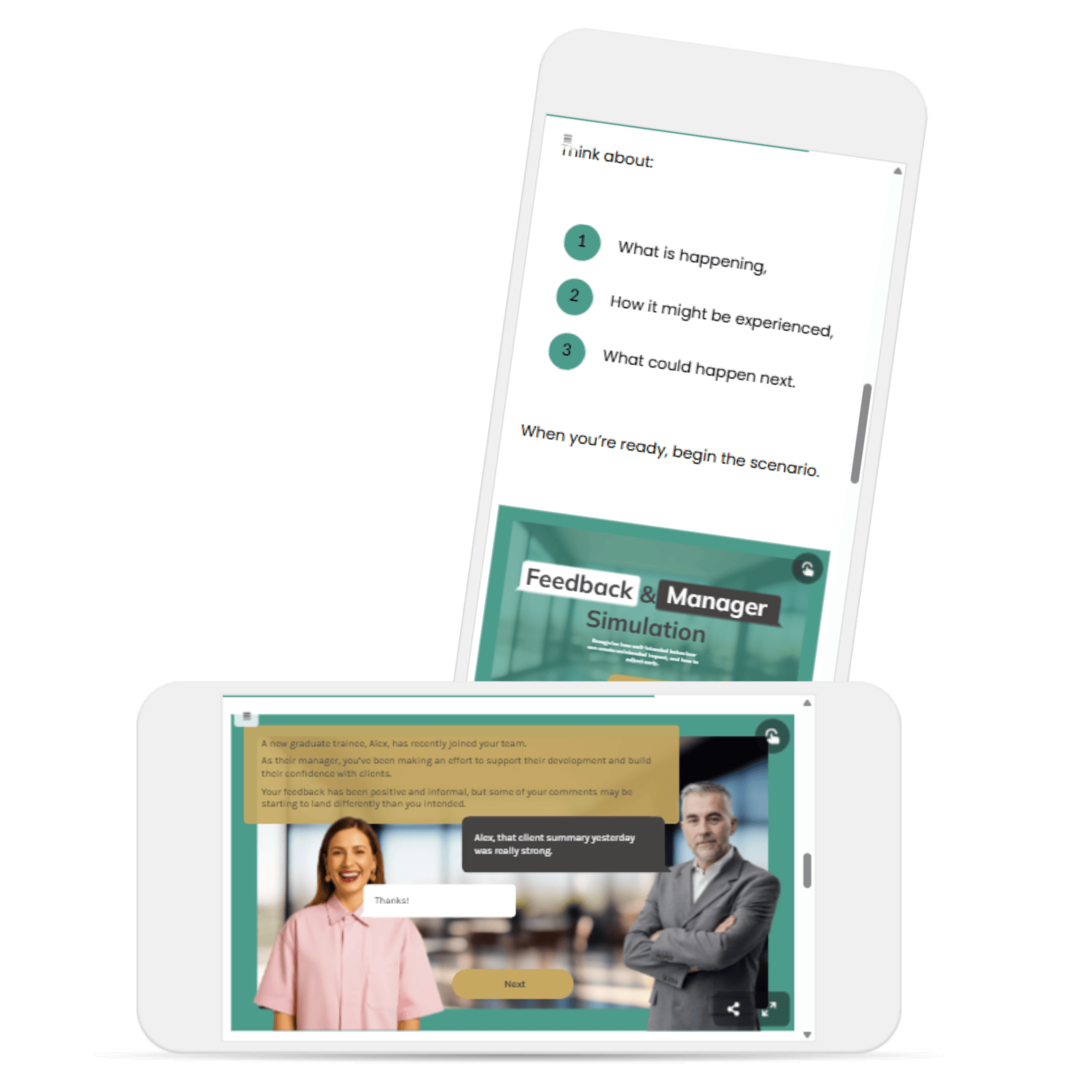 Two mobile phones showing the simulation in the Sexual Harassment Prevention course, showing the opening page and partway through the story, with dialogue from two characters on show.