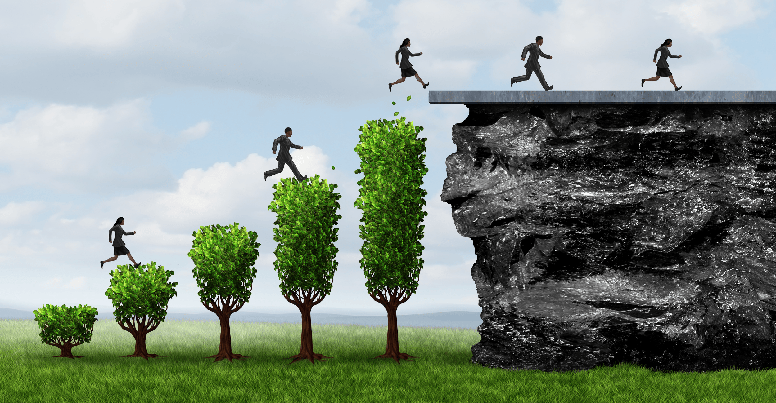 A series of increasingly larger trees being used by business people as stairs to reach the summit of a cliff face.