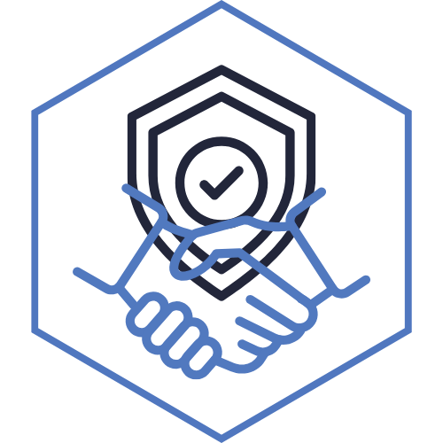 Icon: quality shield with handshake.
