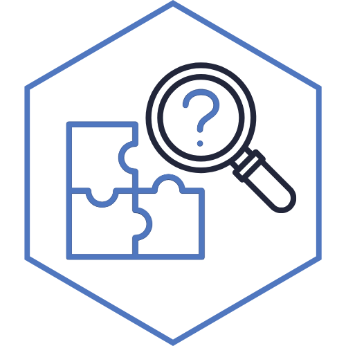 Icon: connected jigsaw pieces with a magnifying glass overhead.