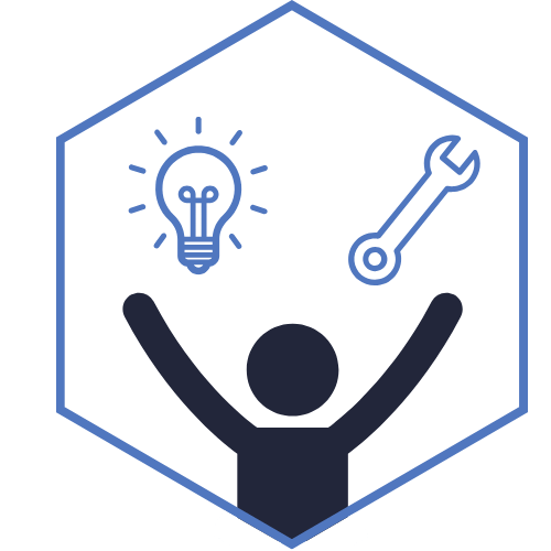 Icon: person with arms outstretched to light bulb and spanner.