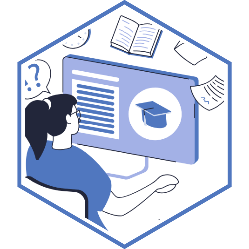 Icon imagery of person working accessing various forms of learning materials.