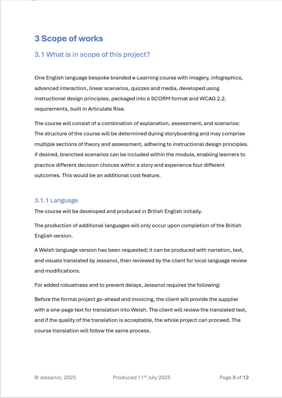 Sample page of a client's define report, showing information about scope of works for the project and an extract of text.