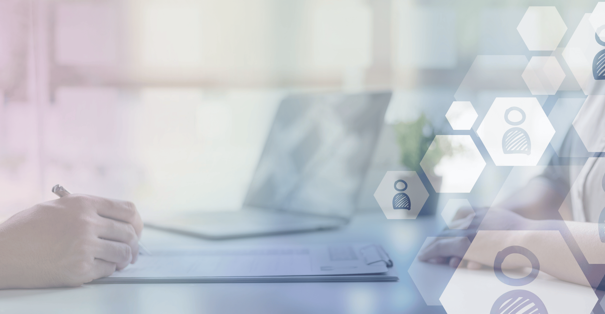 Washed out image of a close up of a hand writing on a pad, over laid with a series of hexagons, some with figures in.