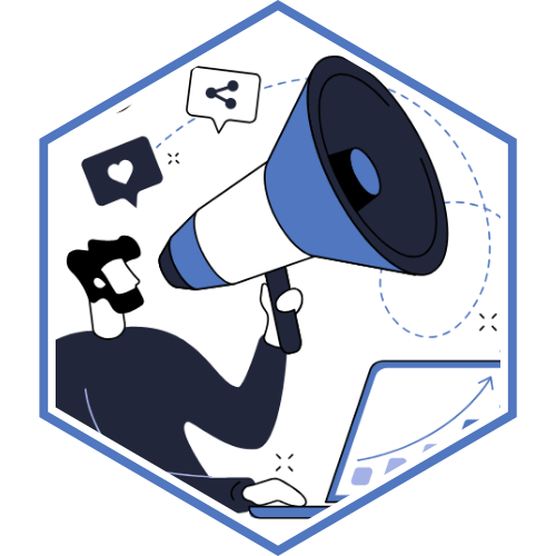 Icon imagery of person communicating using icons and loudhailer.