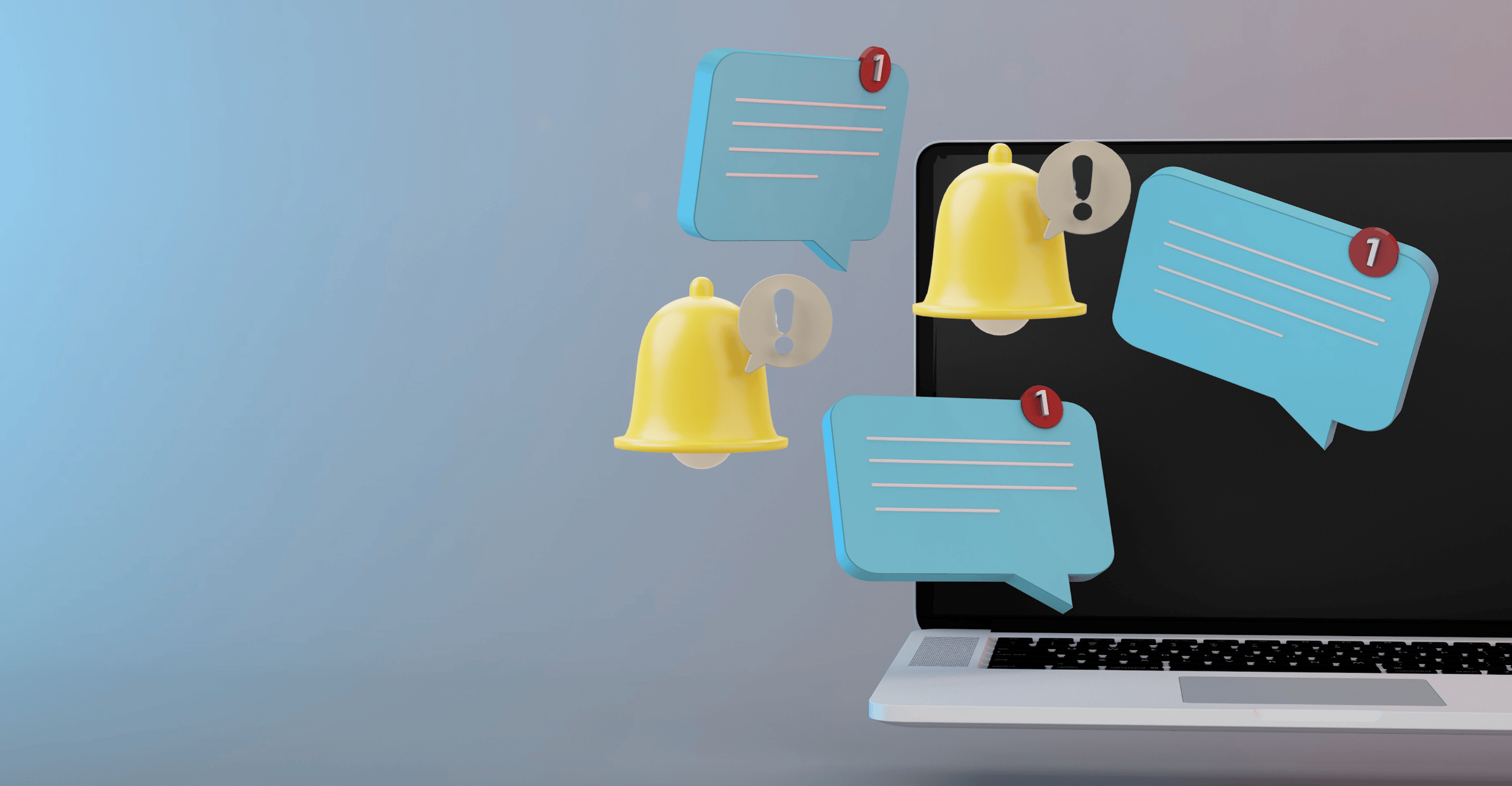Graphical representation of a laptop, several chat notifications and bells with exclamation marks on.
