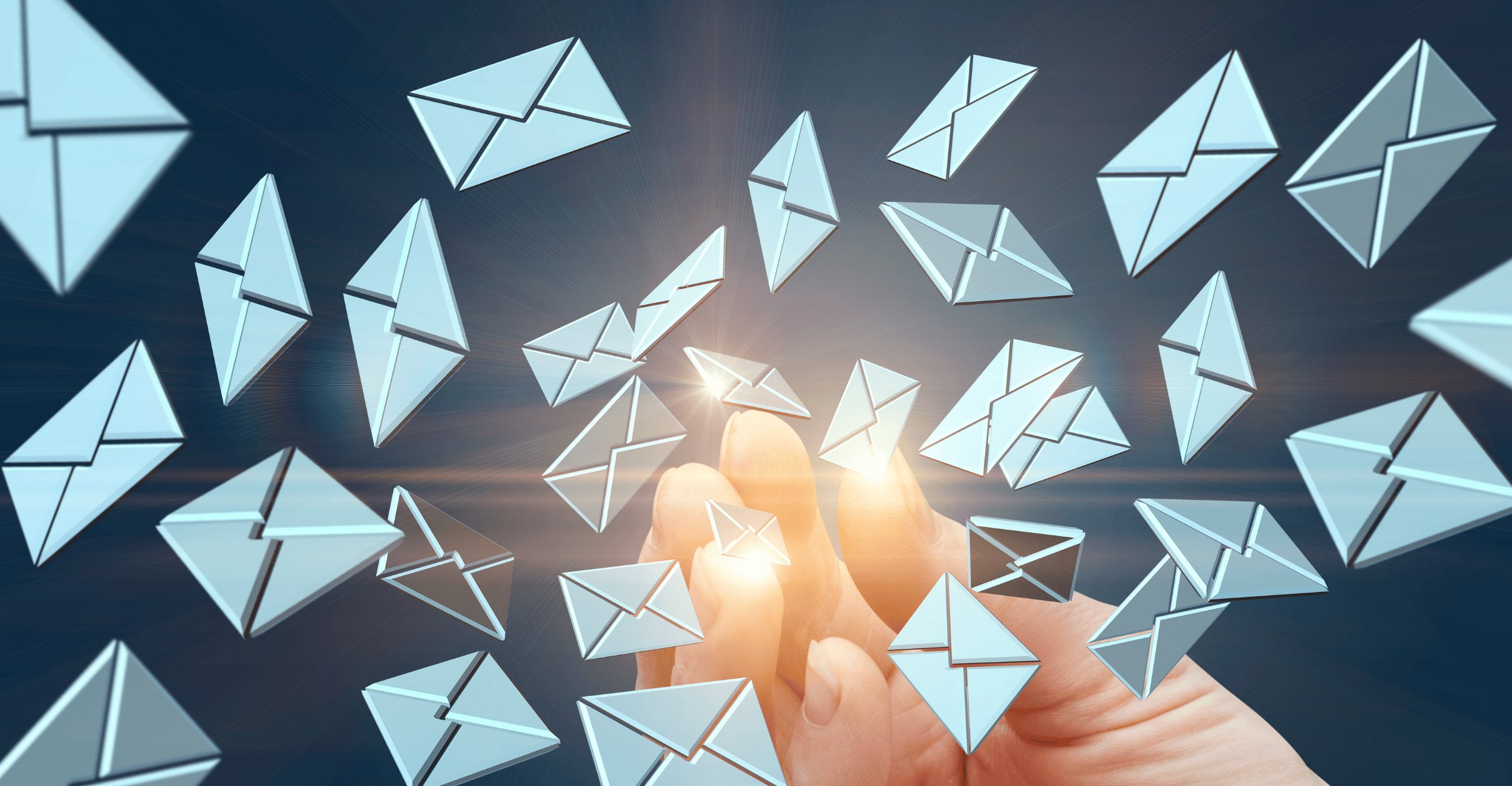 A grasping hand in the background. The foreground is showing twenty graphical icons of emails depicted as envelopes scattered across the image.