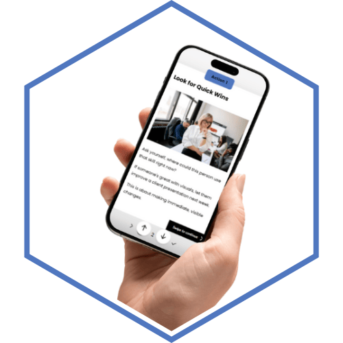 Hand holding a mobile displaying the SkillSmart course.