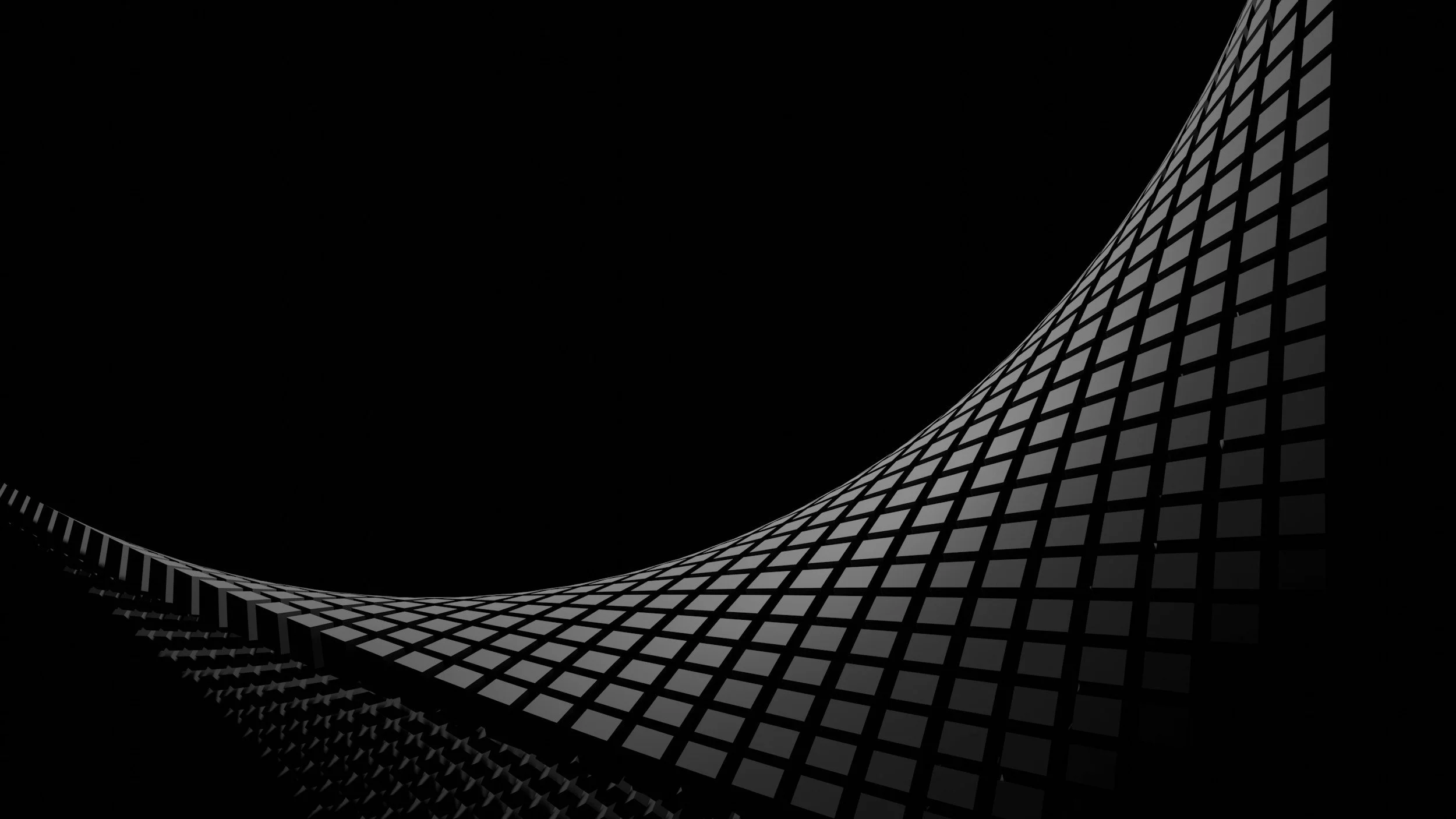 A modern black and white abstract building with a curved, grid-like facade.