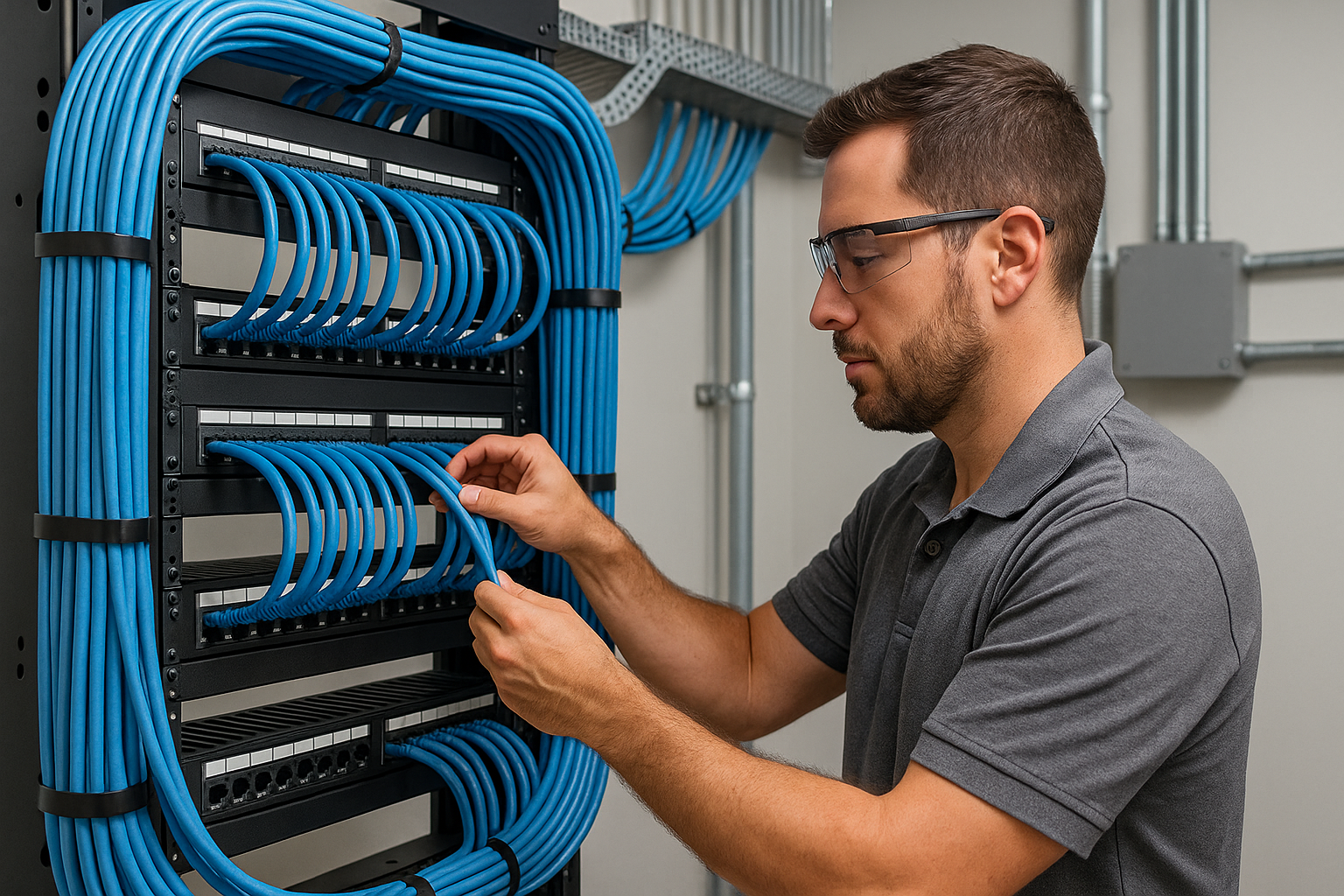 Technician installing structured cabling in a commercial building network closet with blue CAT6 cables organized into patch panels.