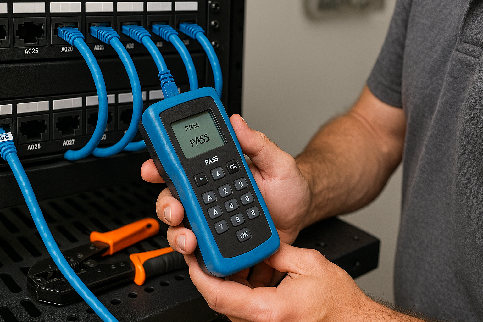 Technician installing structured cabling in a commercial building network closet with blue CAT6 cables organized into patch panels.