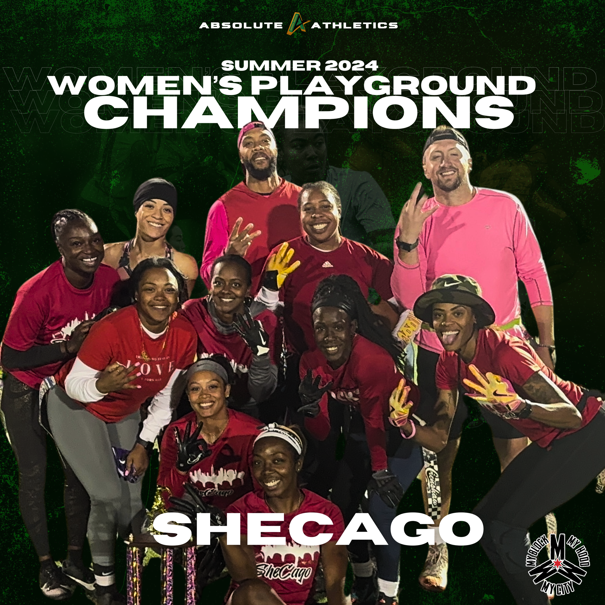 Group of women and two men wearing sports attire, celebrating with trophies and making victory signs, after winning the Shecago Women's Playground Championships in summer 2024, with a green background and text overlay.