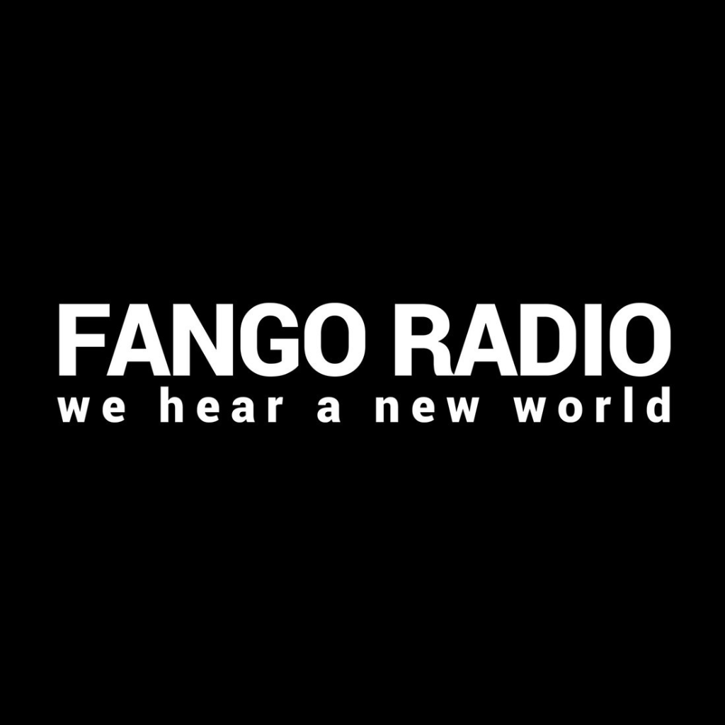 Black background with white text reading 'FANGO RADIO' and 'we hear a new world' underneath.