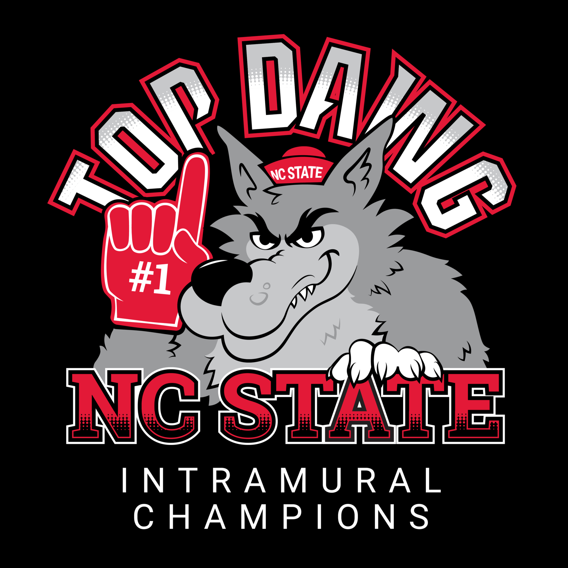 Illustration of a smiling wolf wearing a #1 foam finger. He is reaching over the slab text that says "Top Dawg NC State Intramural Champs."
