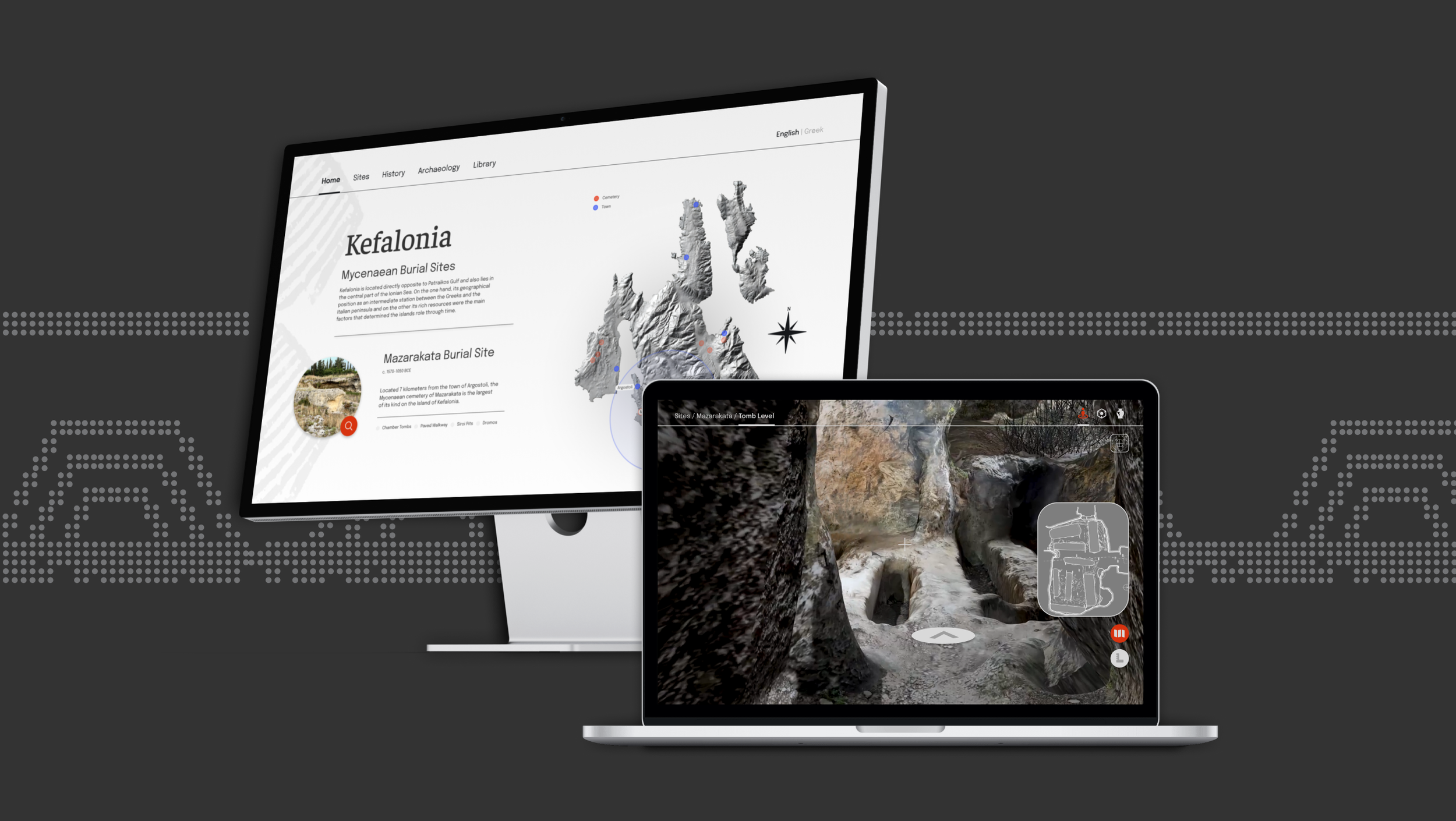 PC and laptop mockups of a 3d map viewing website, on a dark grey background.