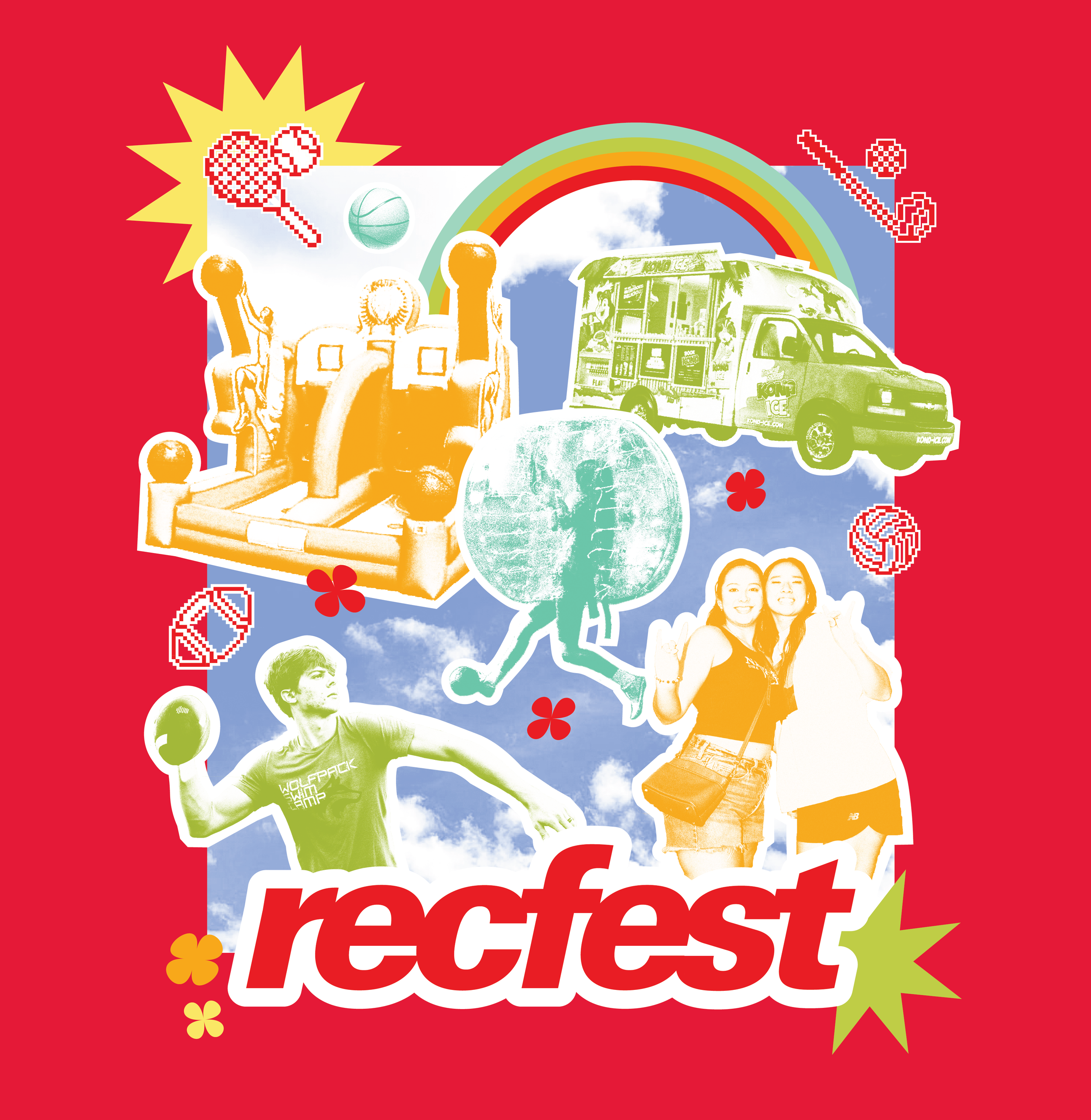 Recfest Poster. Collage of colorful fair activities and pixelated sports equipment.