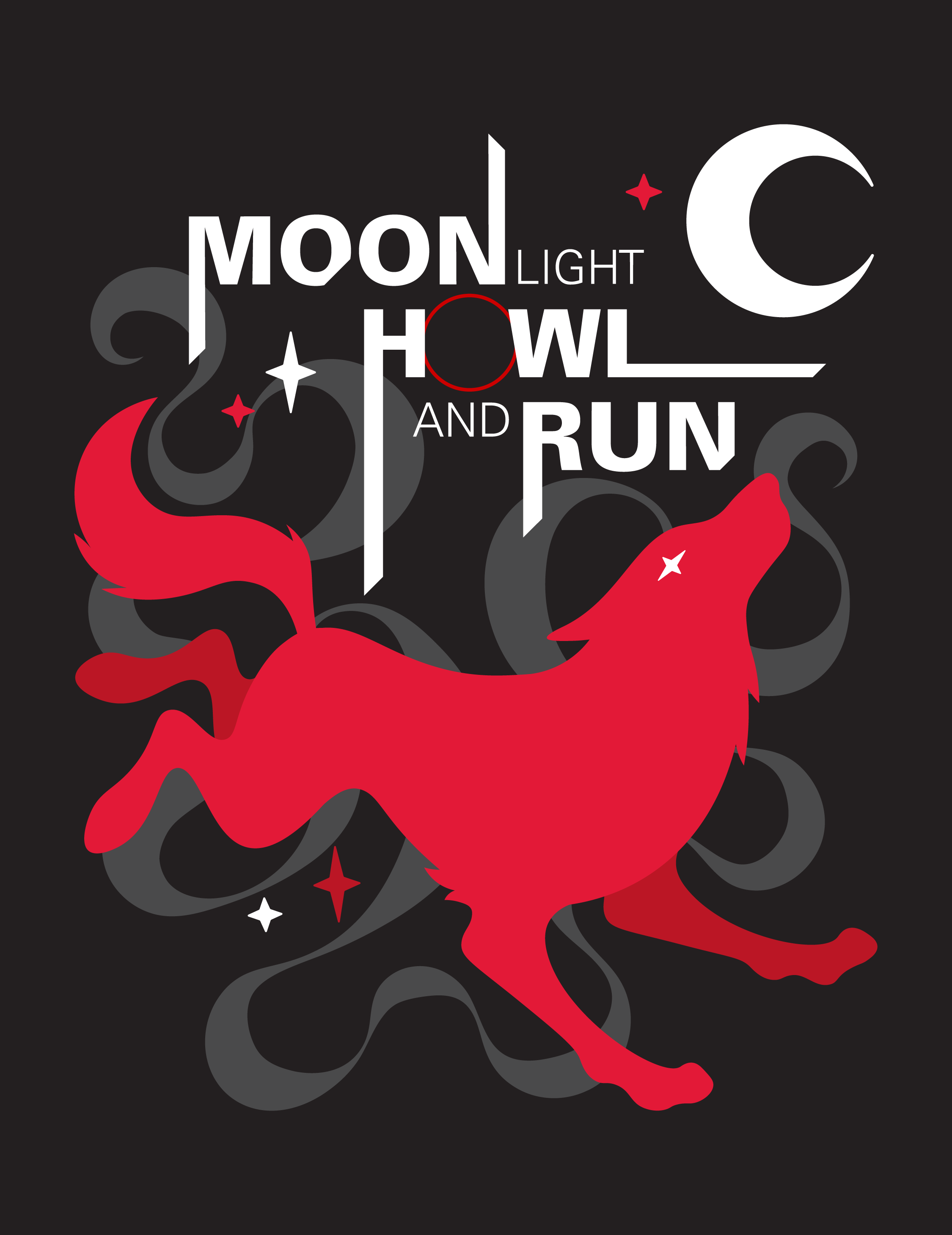 Moonlight Howl and Run poster. Illustration of a red wolf running under the moon on a black background.