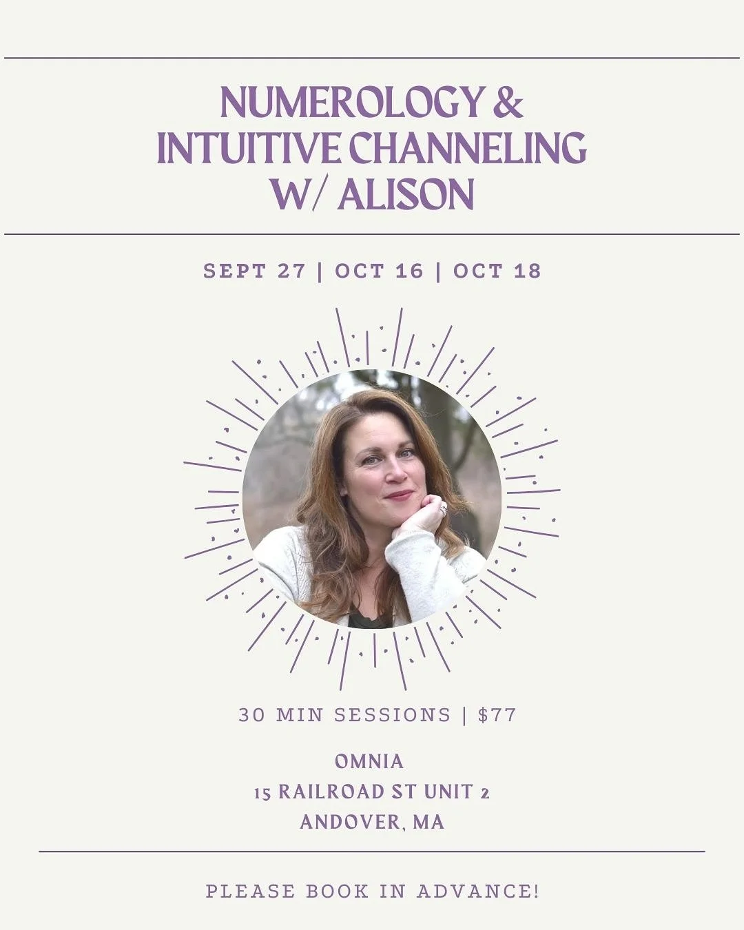 We’re thrilled to welcome Alison Levesque to OMNIA for a series of 30-minute Numerology & Intuitive Channeling sessions that are both down-to-earth and cosmic, blending practical guidance with spiritual insight. 🌌
Available dates:
Sat, Se