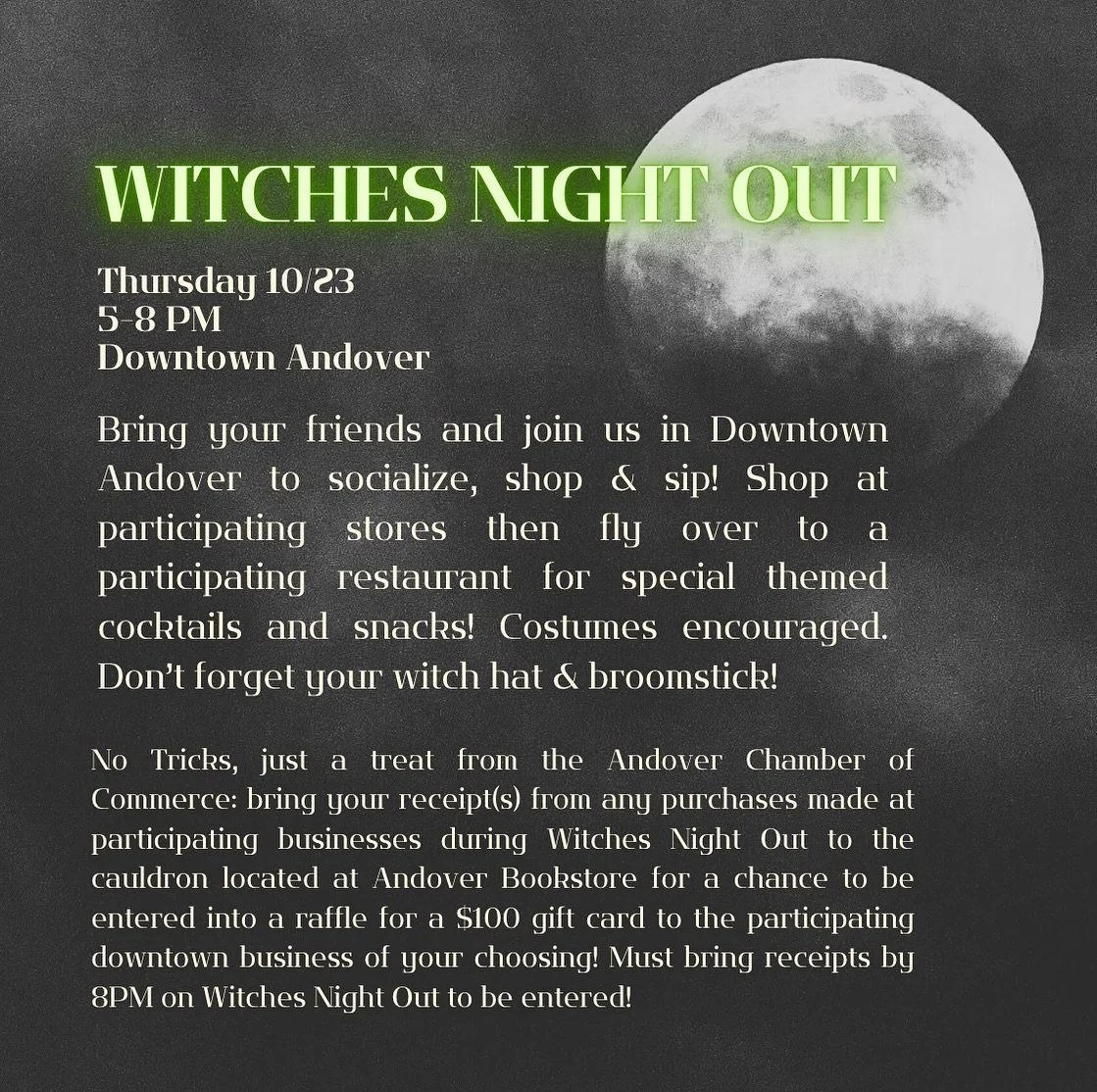 🖤✨ Our first-ever Witches Night Out in Andover! ✨🖤
Join us for a spirited evening of shopping, dining, and witchy fun throughout Downtown Andover. Here’s what’s brewing at OMNIA:
🪄 Pick Your Potion – Spend $10+ and draw from ou
