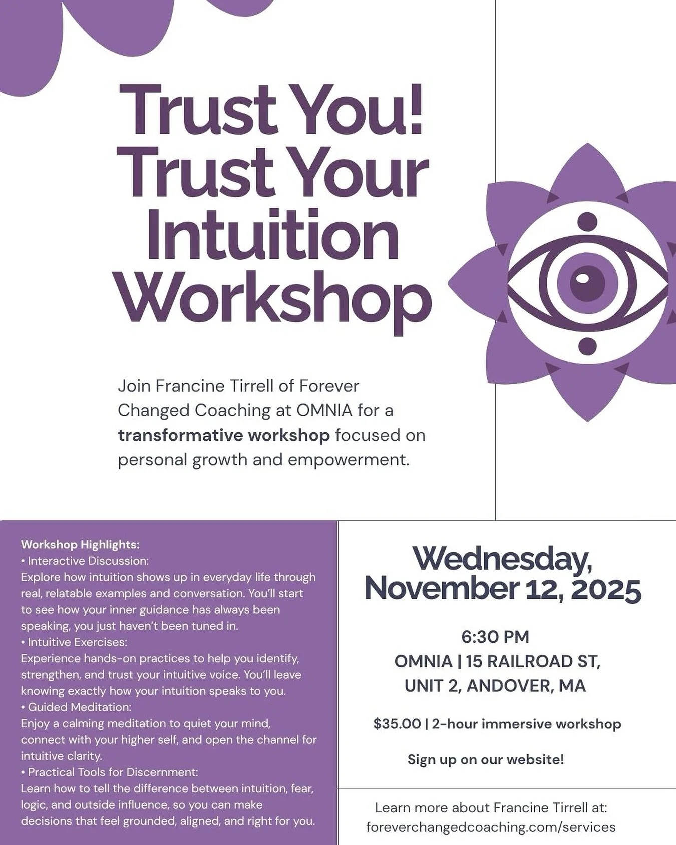 Have you ever second guessed yourself, only to realize later&hellip; your intuition was right all along? 🌙

Join us for Trust You! Trust Your Intuition! at OMNIA on Nov 12 at 6:30 pm, a transformative 2-hour workshop to help you connect, align, and 