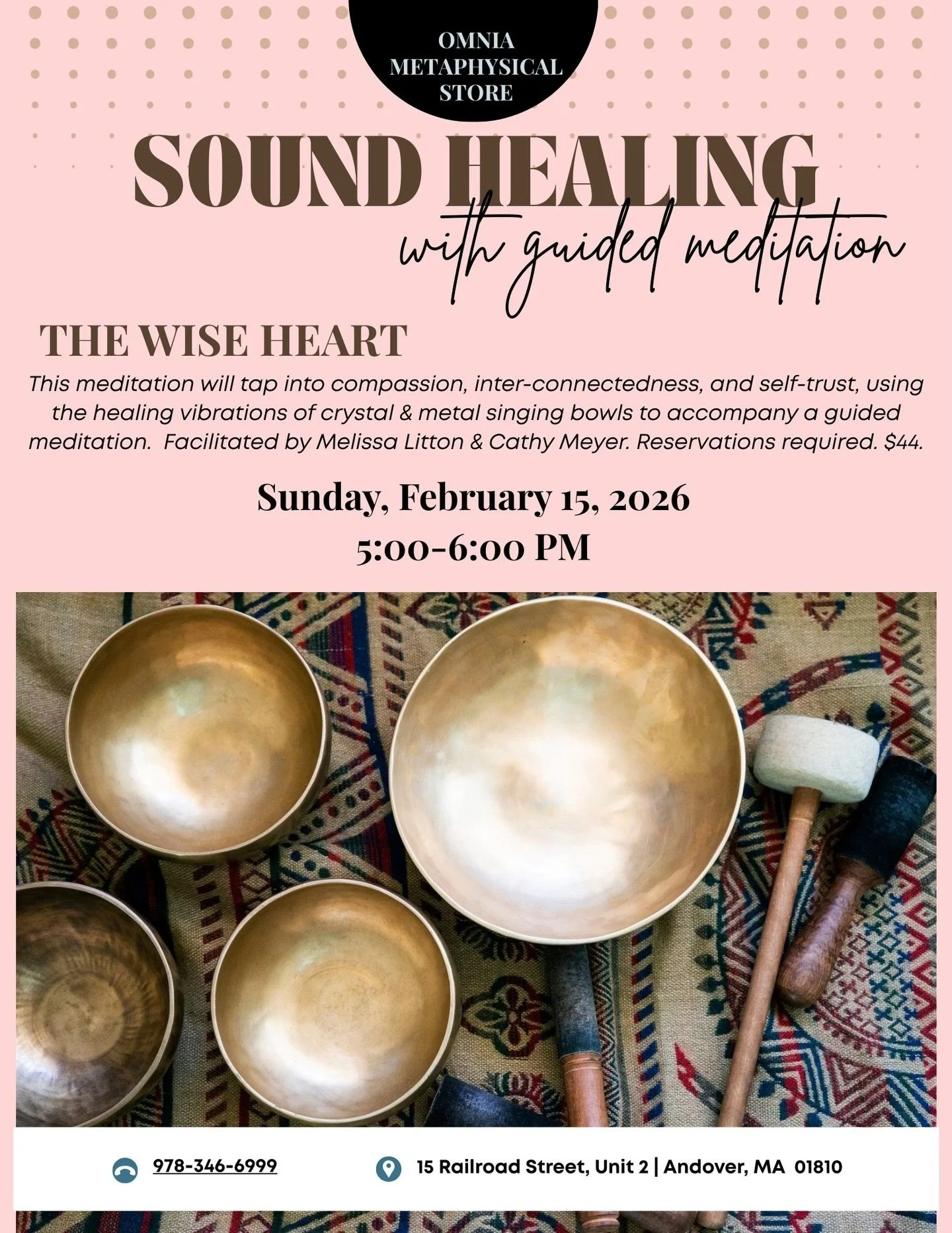 ✨ Sound Bath Healing + Guided Meditation ✨ Sunday, Feb 15 | 5 PM

Join us for a deeply immersive 1-hour journey of sound and stillness, guided by Melissa Litton &amp; Cathy Meyer. Gentle meditation paired with healing sound frequencies invites deep r