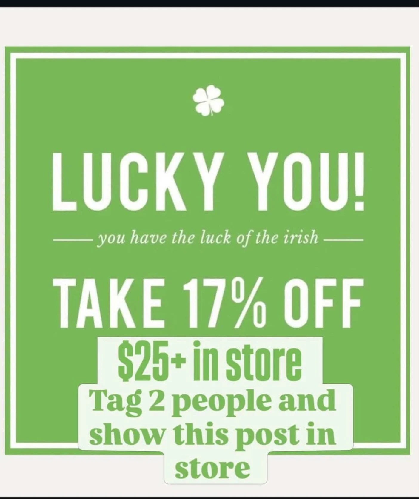 🍀 Lucky You! 🍀

Feeling lucky? Celebrate St. Patrick&rsquo;s Day with a little magick.✨
Take 17% off any purchase of $25+ in-store when you show this post at checkout.

Perfect time to stock up on crystals, candles, incense, journals, and ritual to