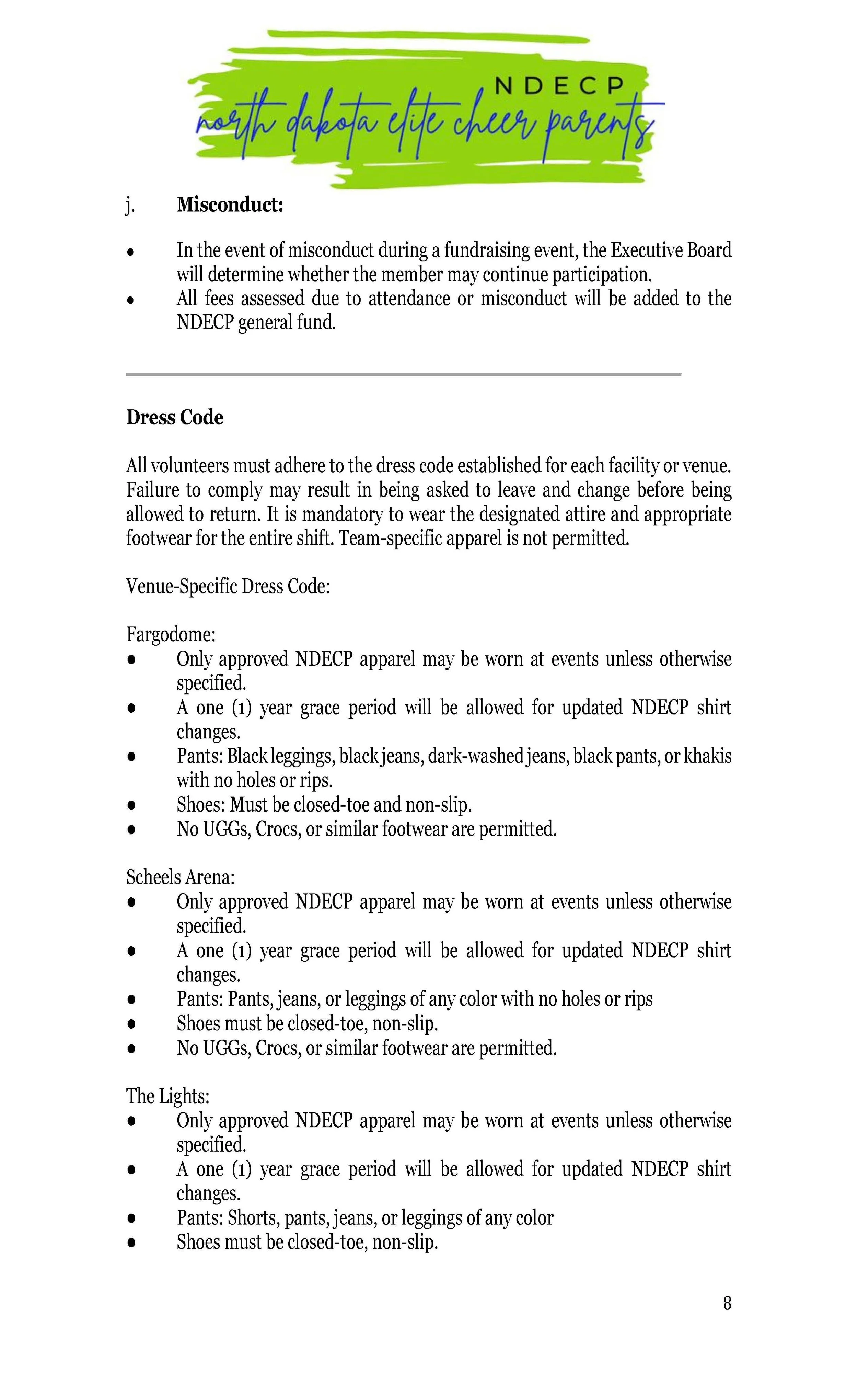 Document from North Dakota Elite Cheer Parents showing rules on misconduct and dress code for cheer event attire at Scheels Arena, including approved apparel and footwear requirements.