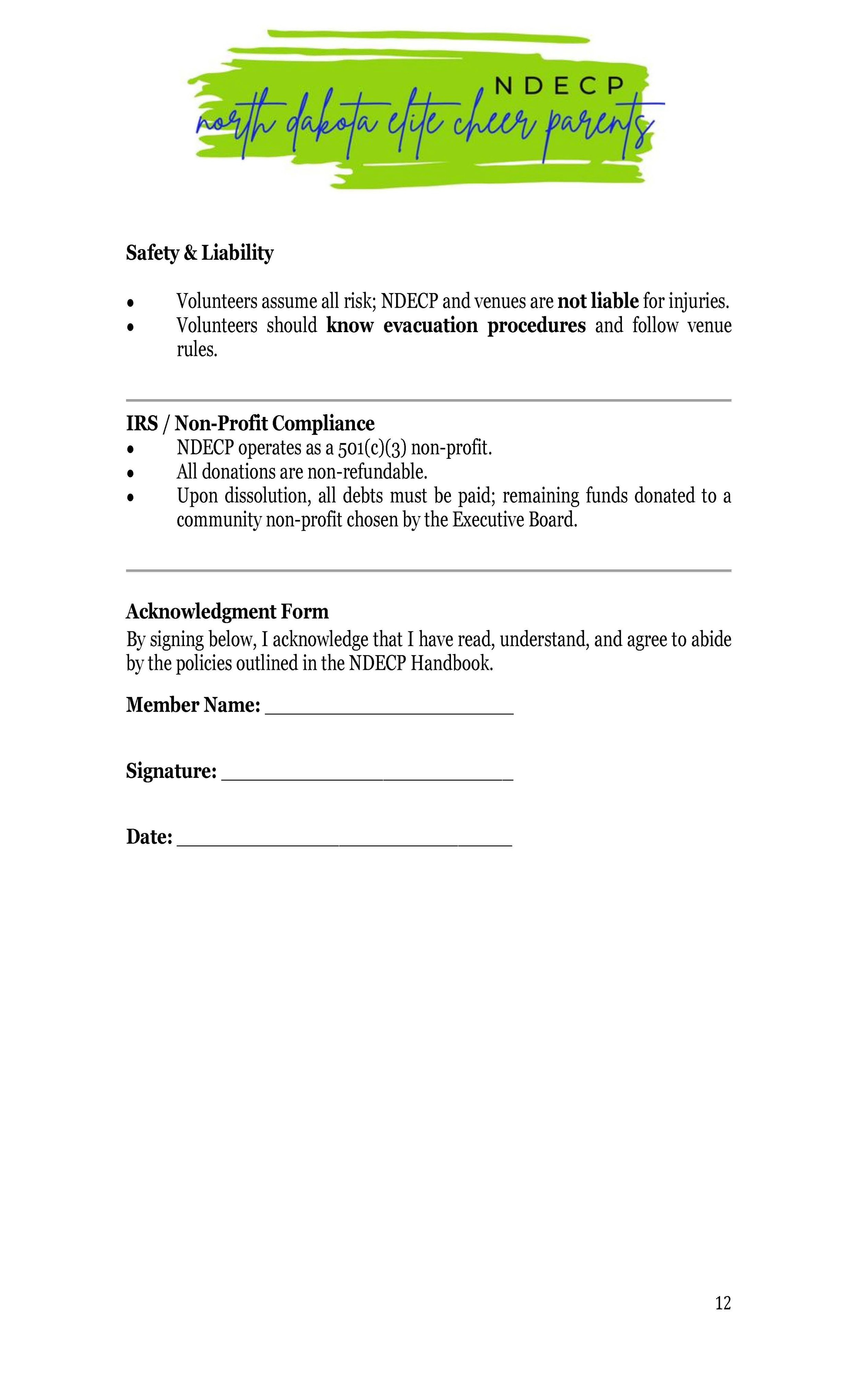 North Dakota Elks Cherry Parents logo at the top of a document, followed by safety, liability, and non-profit compliance information, and space for member name, signature, and date.