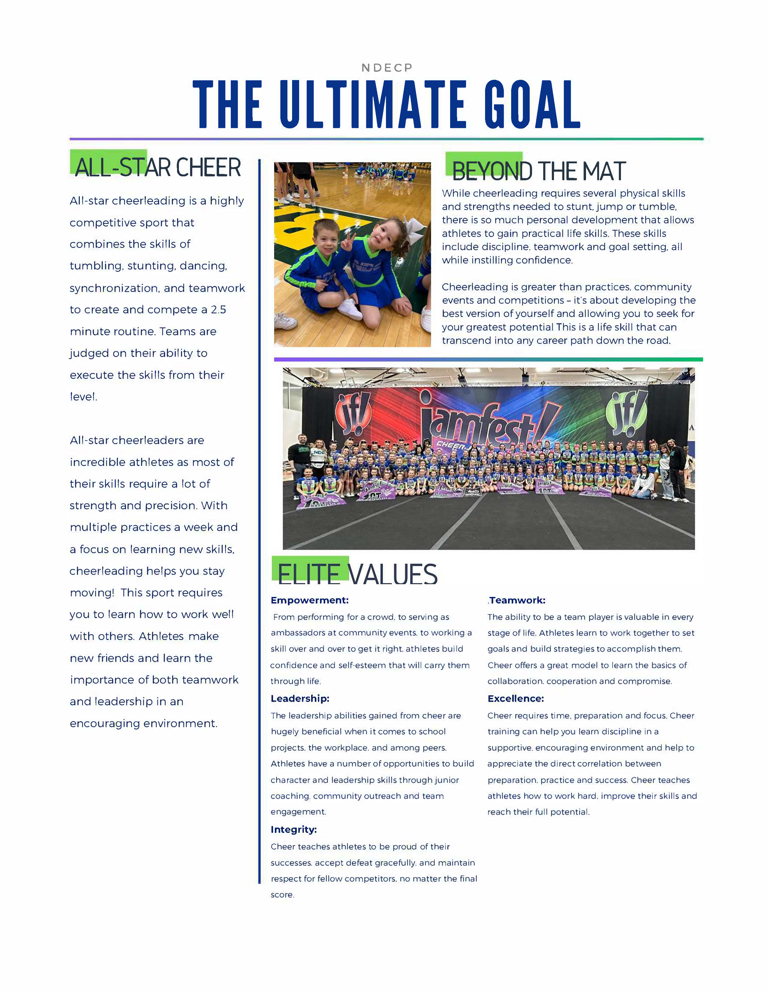 Brochure page titled 'The Ultimate Goal' about cheerleading, featuring photos of young cheerleaders and descriptions of cheerleading qualities and values.