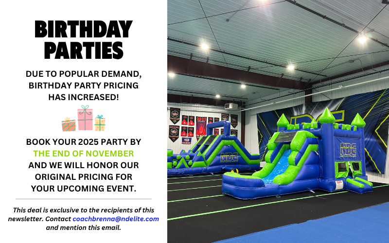 An indoor arena with inflatable bounce houses and slides. A flyer on the left announces a birthday party promotion, highlighting increased prices due to demand and offering a special deal for booking by the end of November. The flyer includes colorfu