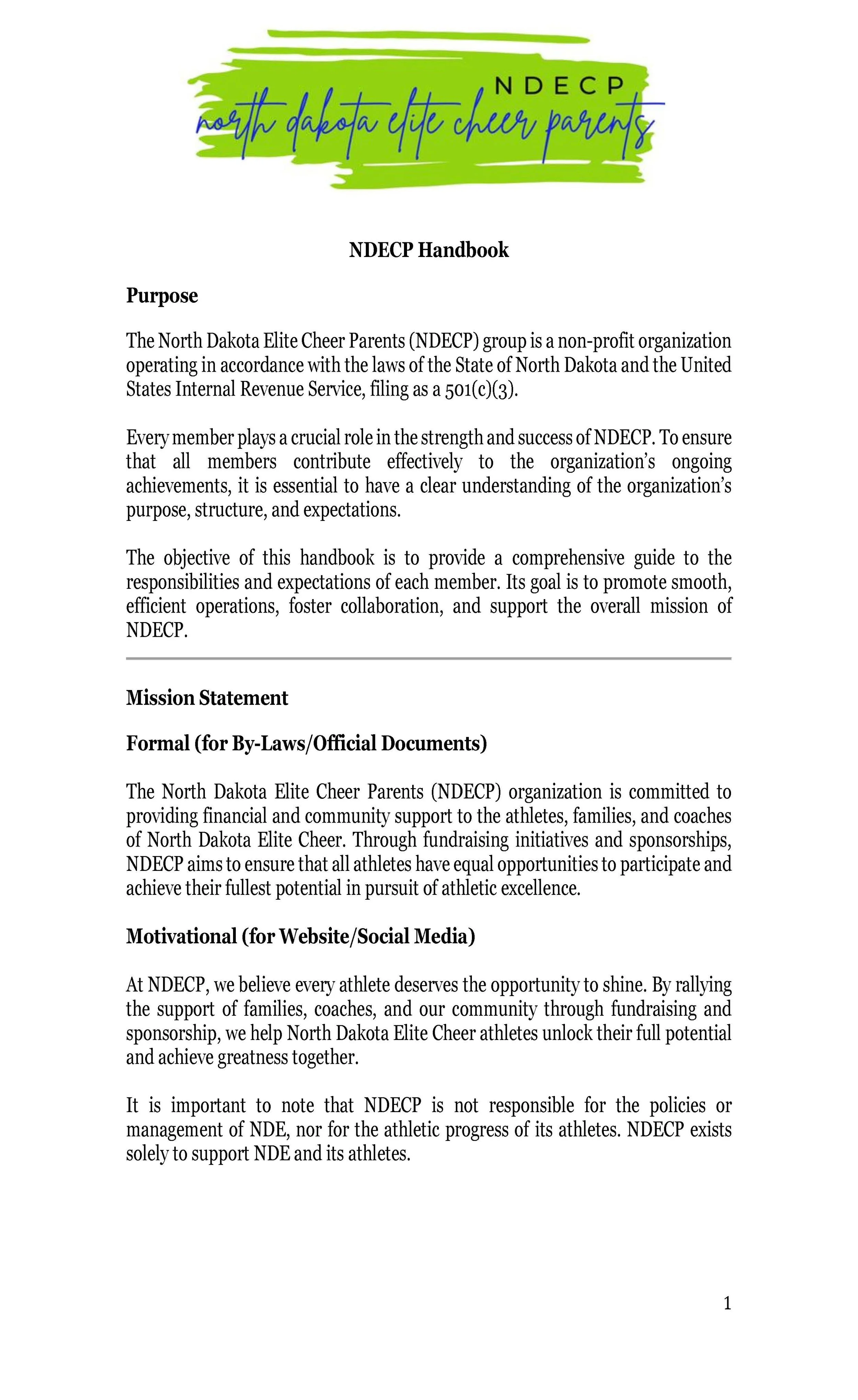 Cover page of the North Dakota Elite Cheer Parents (NDECP) Handbook with the NDECP logo at the top, featuring green and blue text and a brushstroke background.