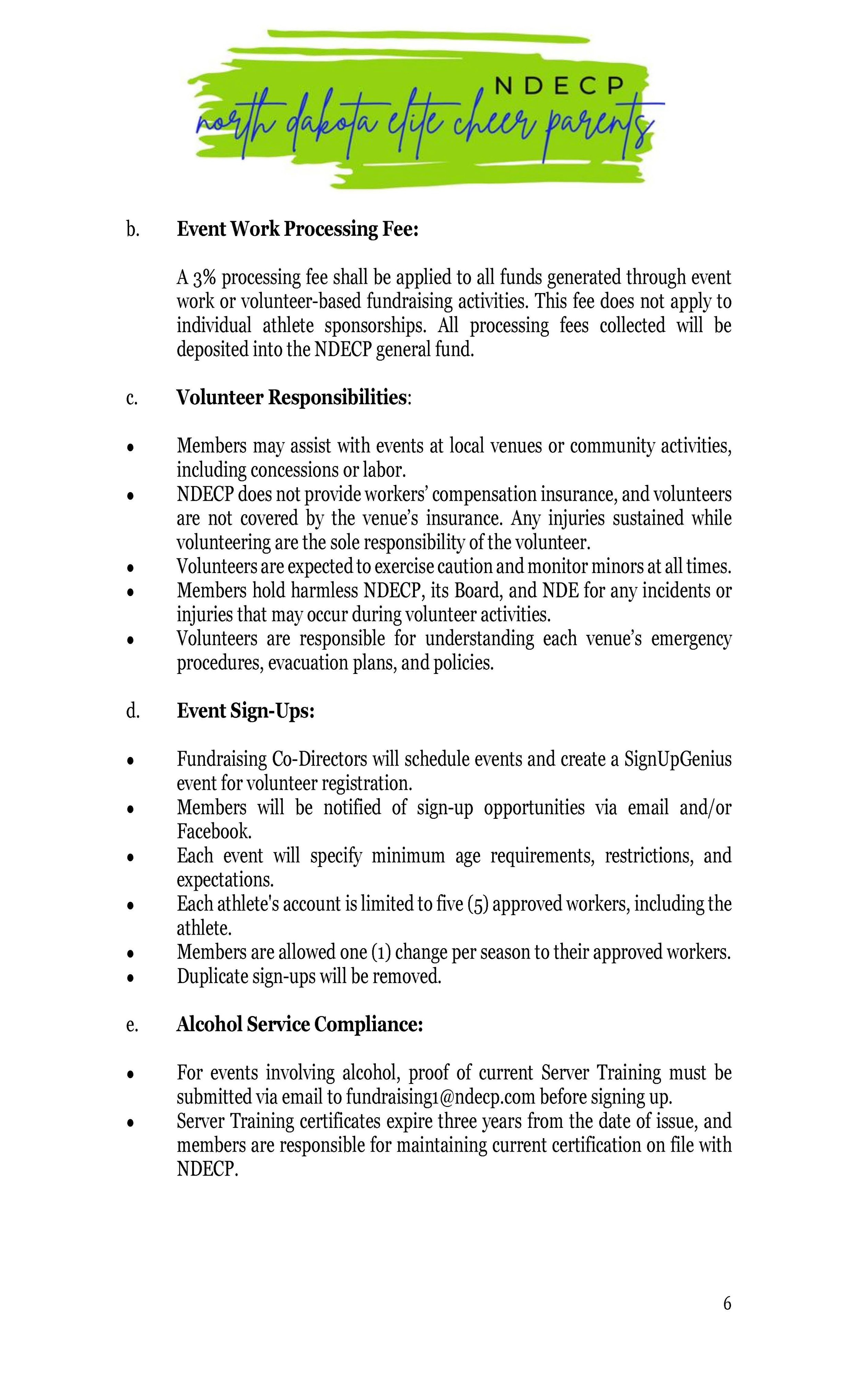 Document from North Dakota Elite Cheer Parents (NDECP) outlining event work processing fees, volunteer responsibilities, event sign-up procedures, alcohol service compliance, and other guidelines with a green and blue logo at the top.