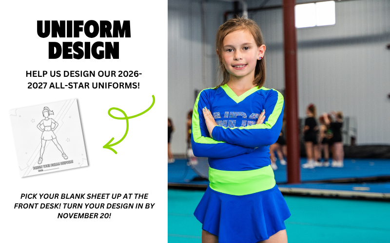 A young girl in blue and neon green cheerleading uniform standing with arms crossed inside a gym with other cheerleaders in the background, promoting a uniform design contest.
